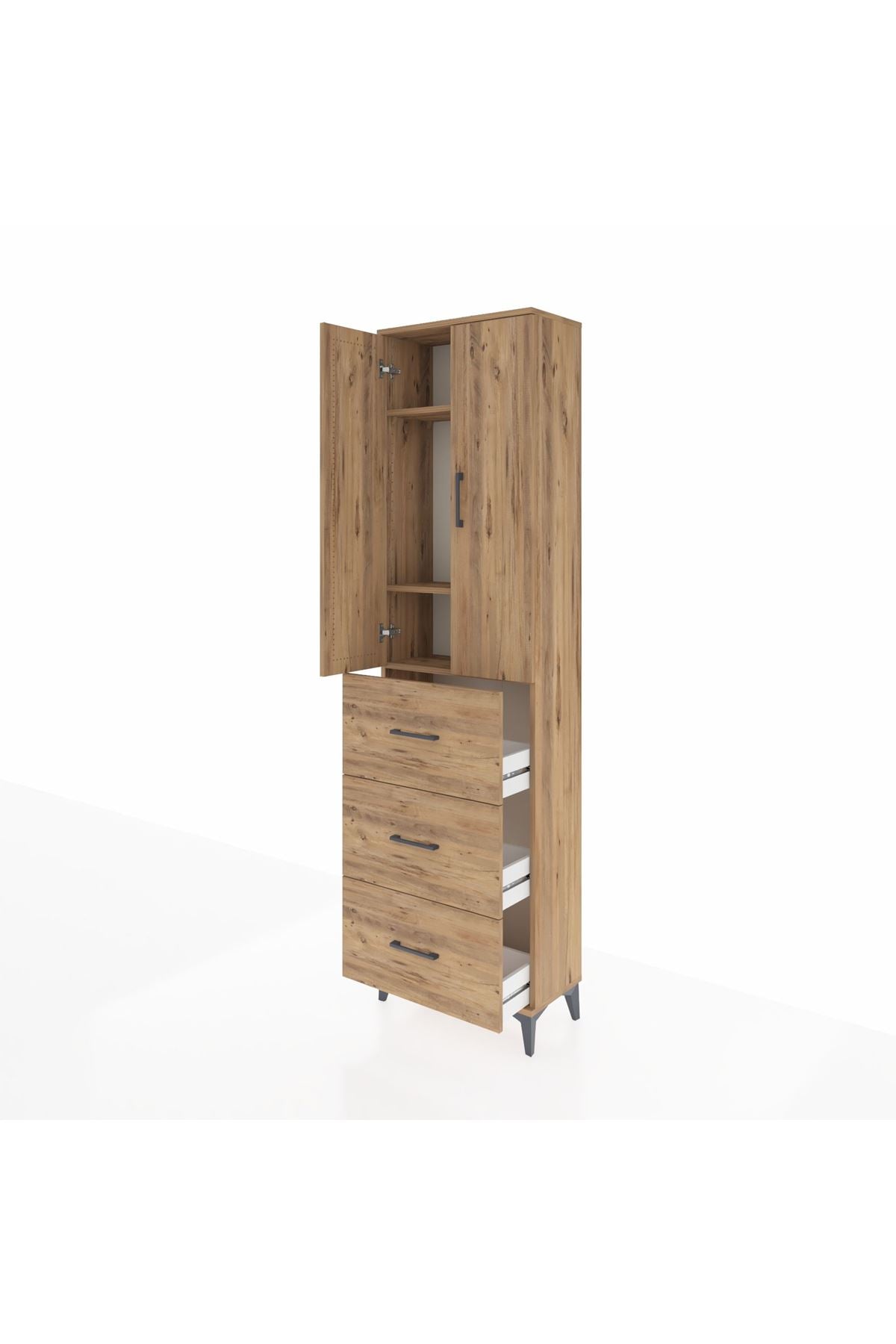 Arges Dolap 3 Raflı 3 Çekmeceli 2 Kapaklı 60x30x221 Çam-Çam