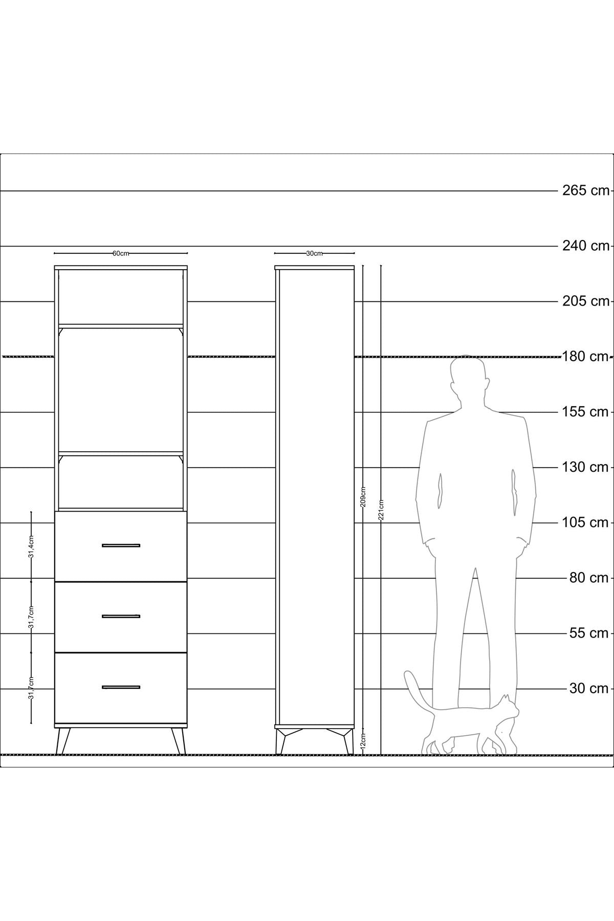 Arges Dolap 3 Raflı 3 Çekmeceli 60x30x221 Antrasit-Çam