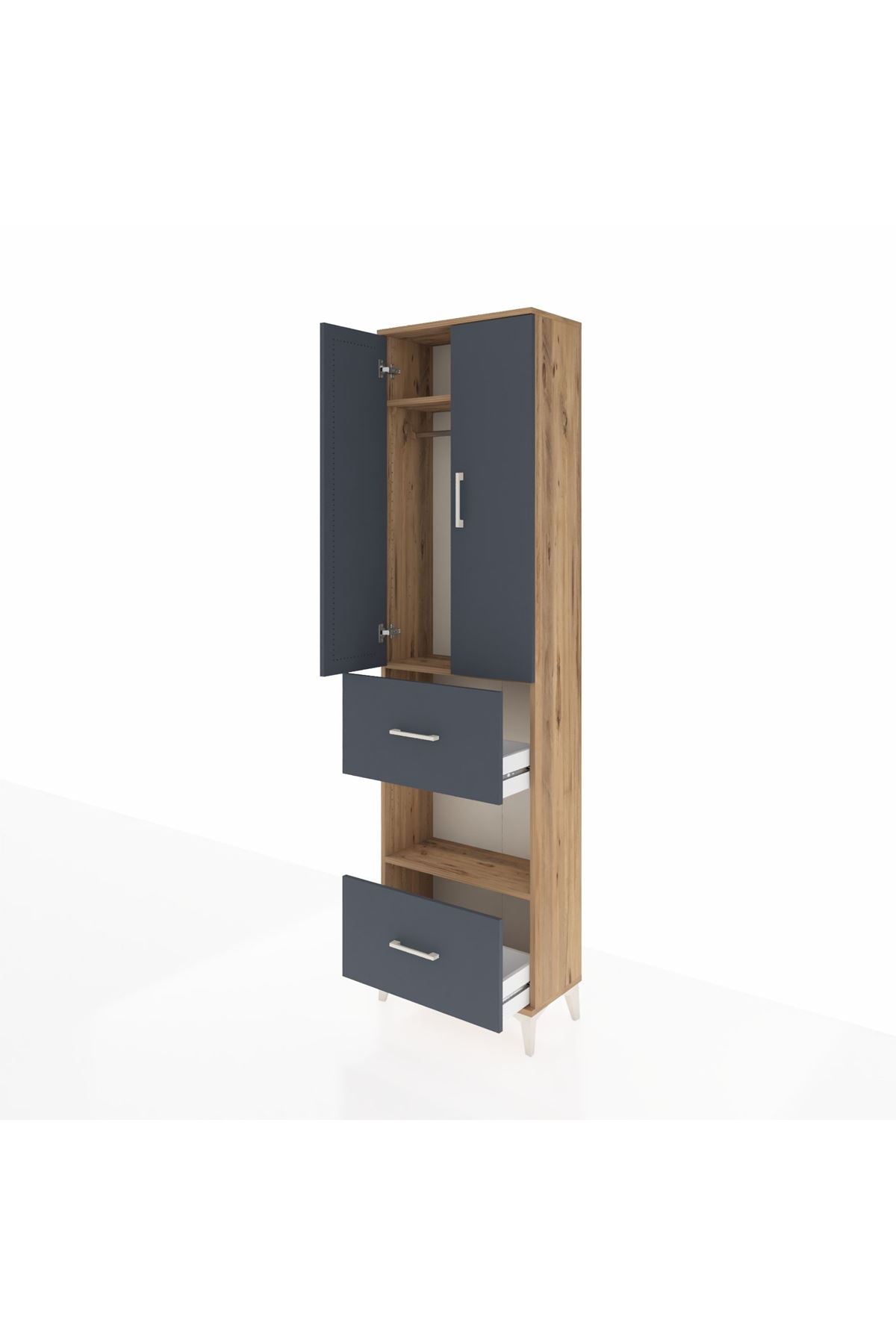 Arges Dolap 3 Raflı 2 Çekmeceli Tek Askılı 60x30x221 Çam-Antrasit