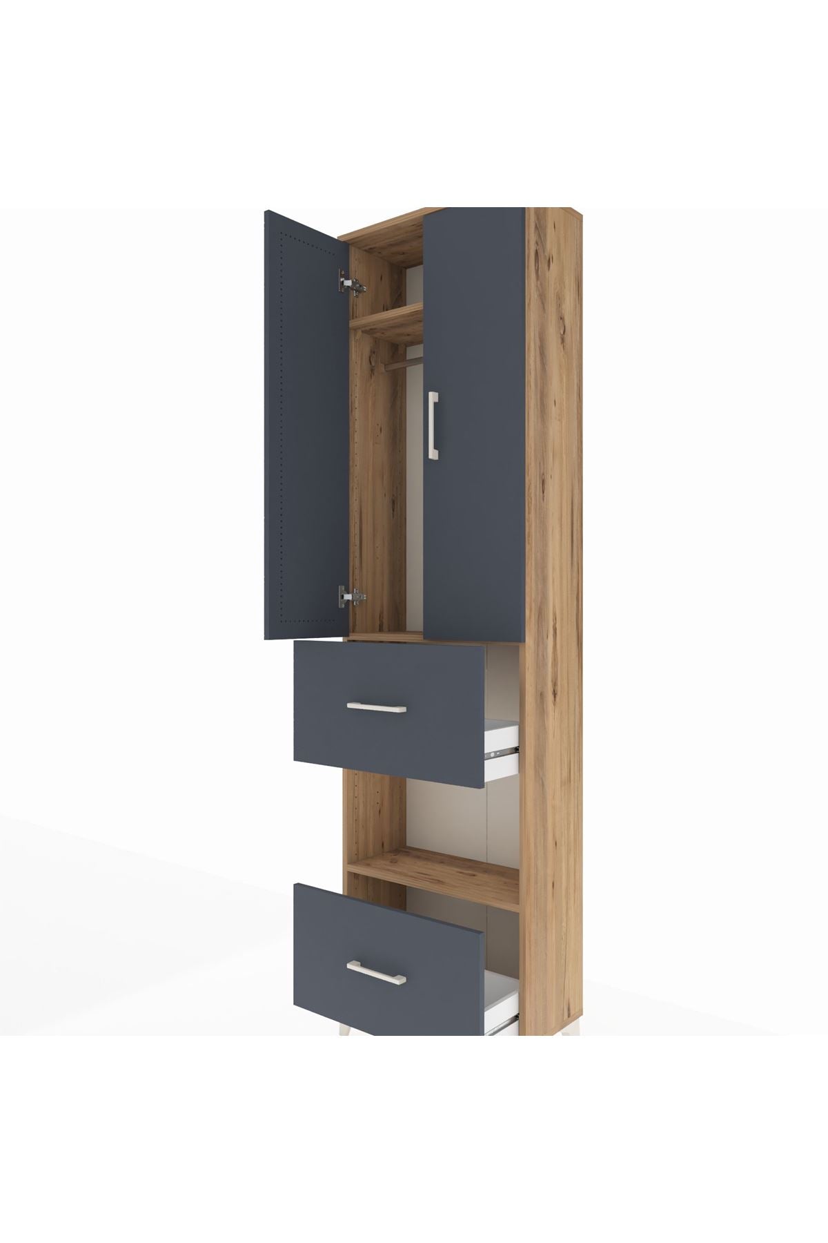 Arges Dolap 3 Raflı 2 Çekmeceli Tek Askılı 60x30x221 Çam-Antrasit