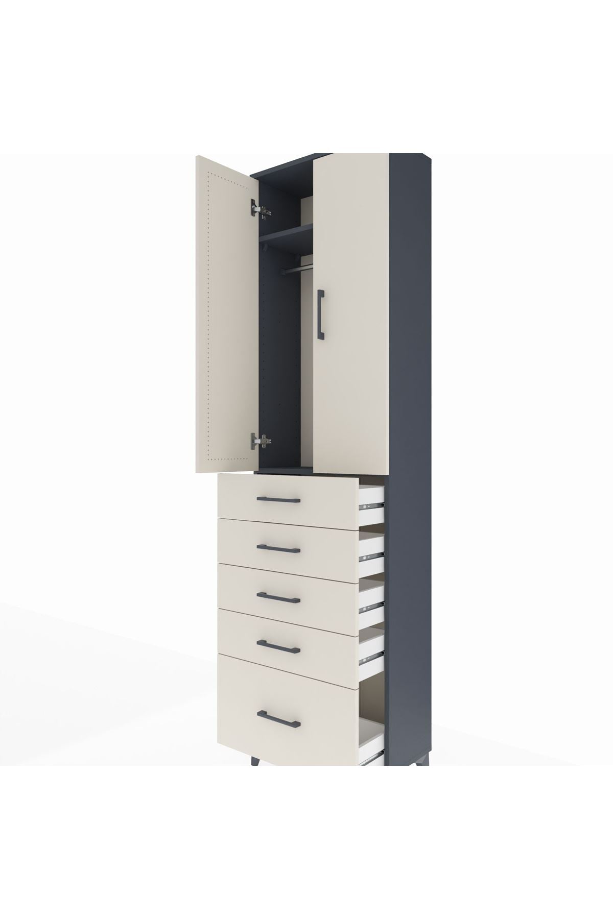 Arges Dolap 2 Raflı 5 Çekmeceli Tek Askılı 60x30x221 Antrasit-Aytaşı