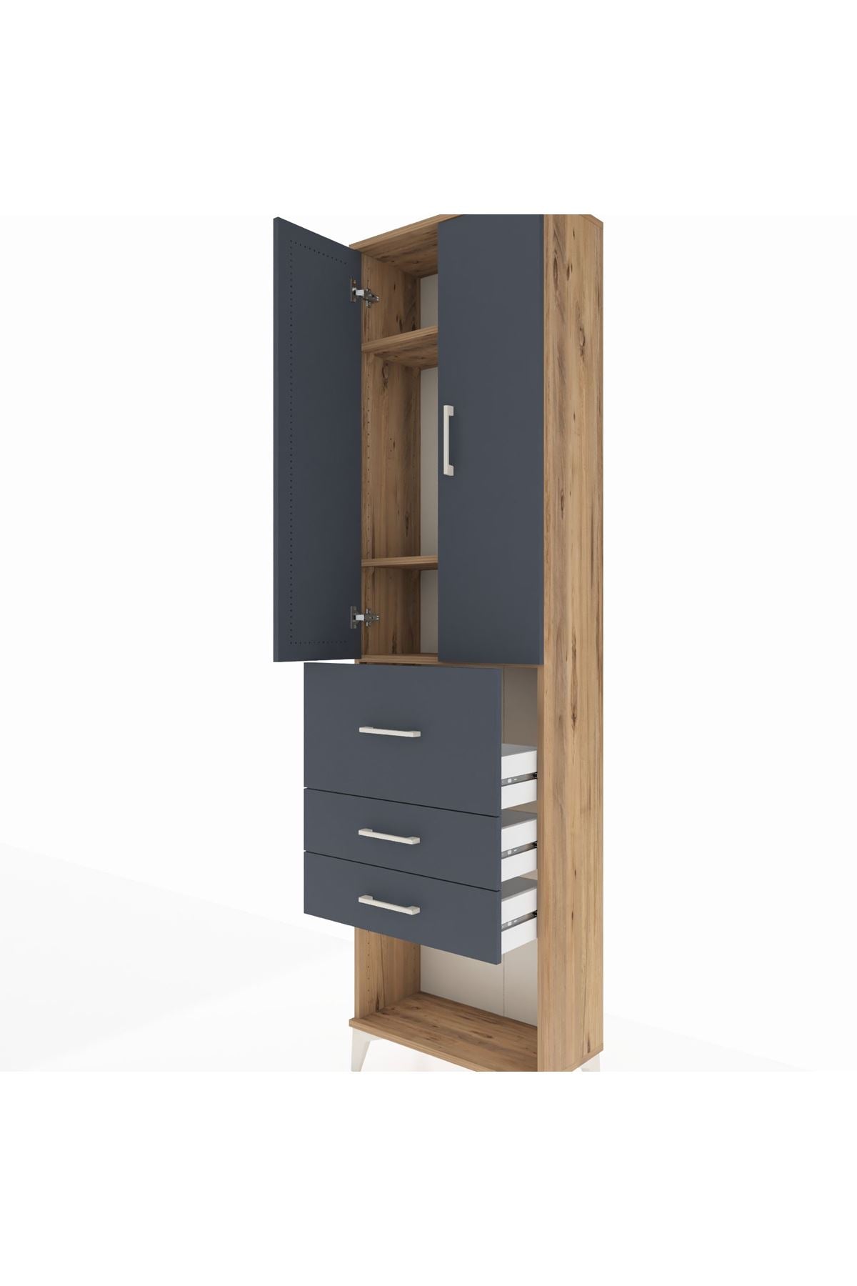 Arges Dolap 3 Raflı 3 Çekmeceli 2 Kapaklı 60x30x221 Çam-Antrasit