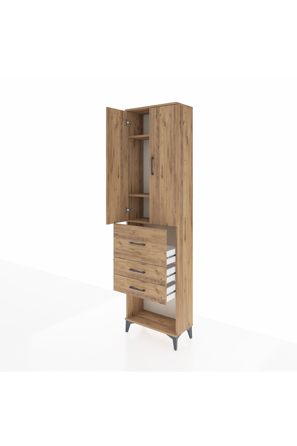 Arges Dolap 3 Raflı 3 Çekmeceli 2 Kapaklı 60x30x221 Çam-Çam