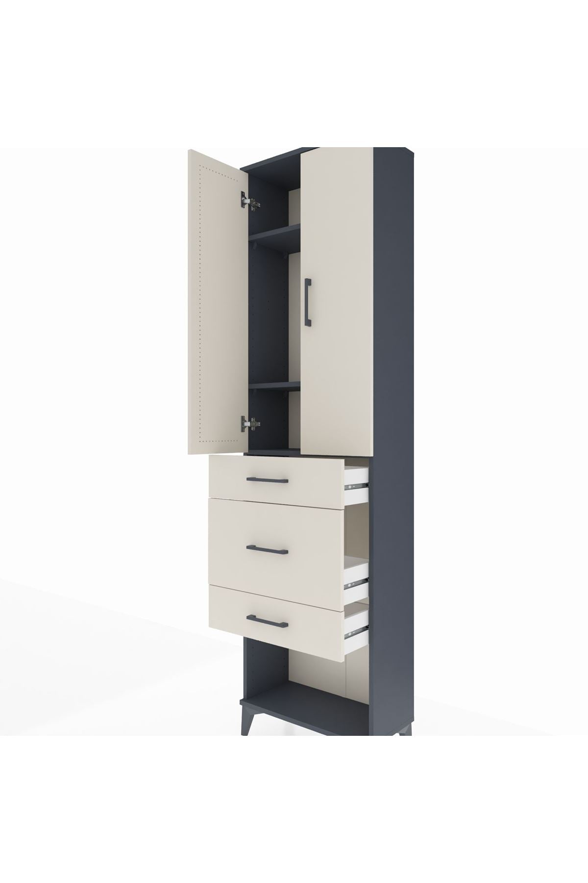 Arges Dolap 3 Raflı 3 Çekmeceli 2 Kapaklı 60x30x221 Antrasit-Aytaşı