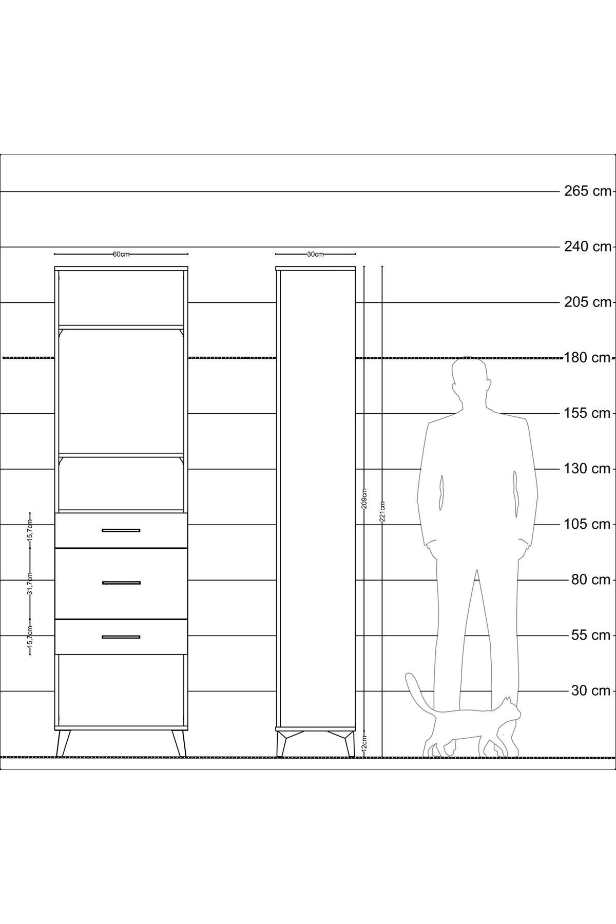 Arges Dolap 3 Raflı 3 Çekmeceli 60x30x221 Çam-Antrasit