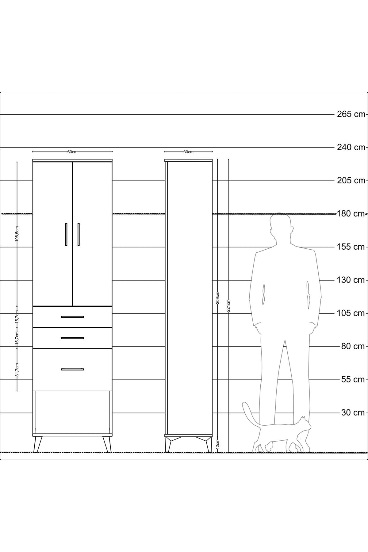 Arges Dolap 2 Raflı 3 Çekmeceli Tek Askılı 60x30x221 Çam-Çam