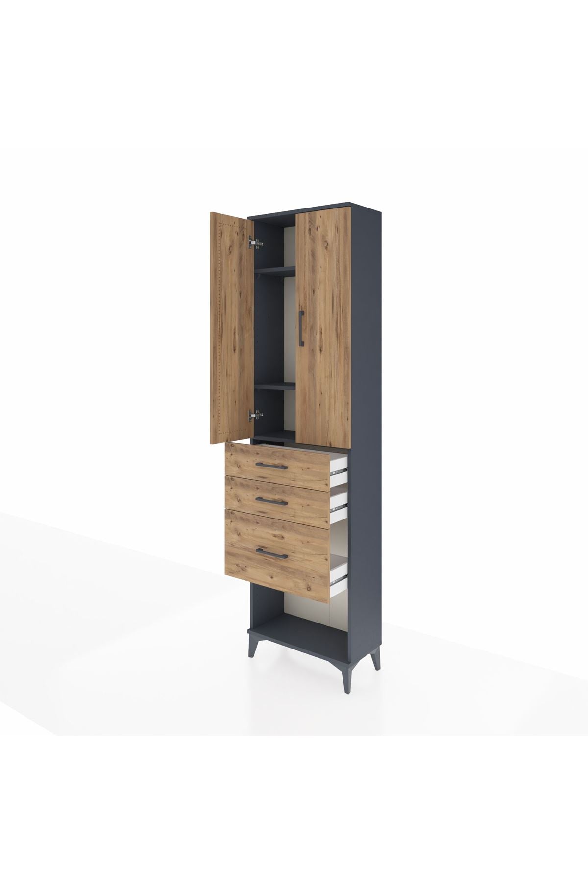 Arges Dolap 3 Raflı 3 Çekmeceli 2 Kapaklı 60x30x221 Antrasit-Çam