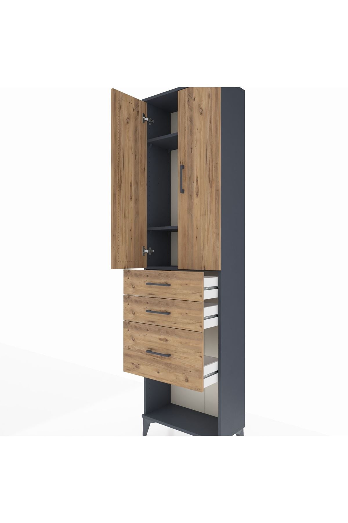 Arges Dolap 3 Raflı 3 Çekmeceli 2 Kapaklı 60x30x221 Antrasit-Çam