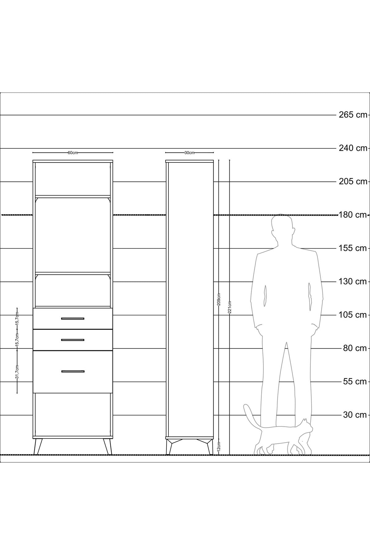 Arges Dolap 3 Raflı 3 Çekmeceli 60x30x221 Çam-Antrasit