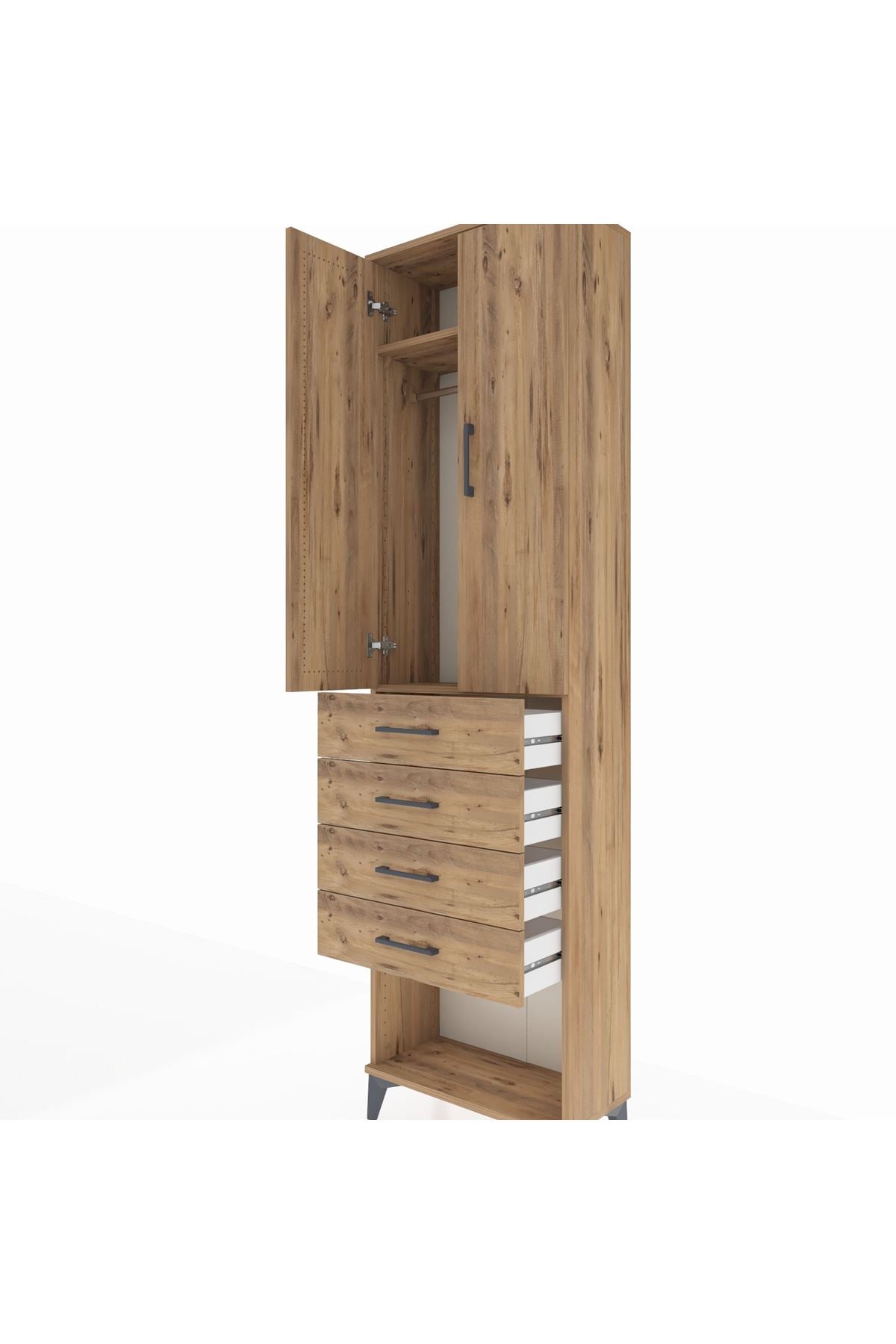 Arges Dolap 2 Raflı 4 Çekmeceli Tek Askılı 60x30x221 Çam-Çam