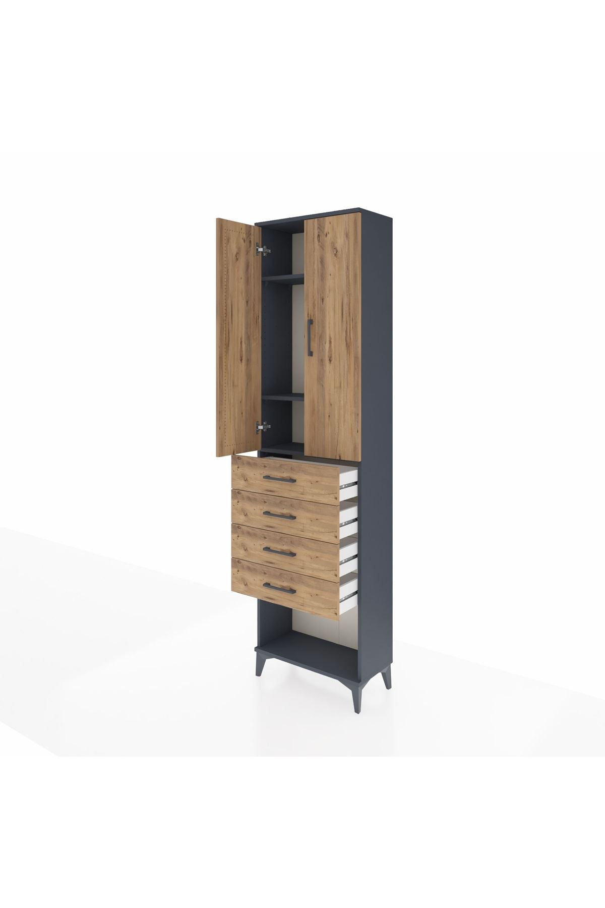 Arges Dolap 3 Raflı 4 Çekmeceli 2 Kapaklı 60x30x221 Antrasit-Çam