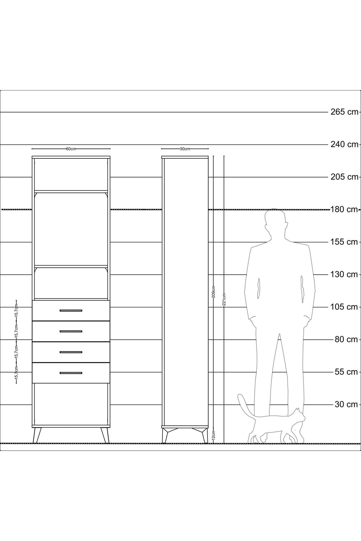 Arges Dolap 3 Raflı 4 Çekmeceli 60x30x221 Çam-Antrasit