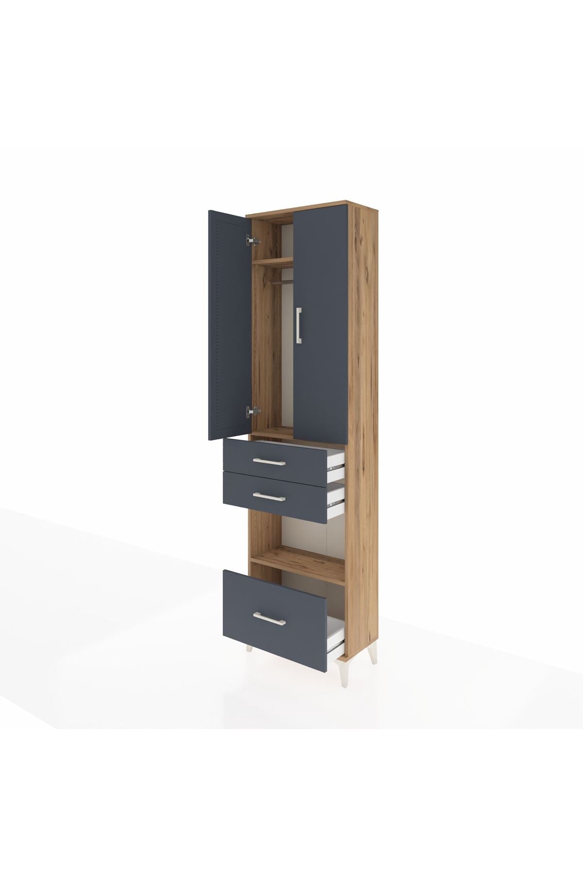 Arges Dolap 3 Raflı 3 Çekmeceli Tek Askılı 60x30x221 Çam-Antrasit