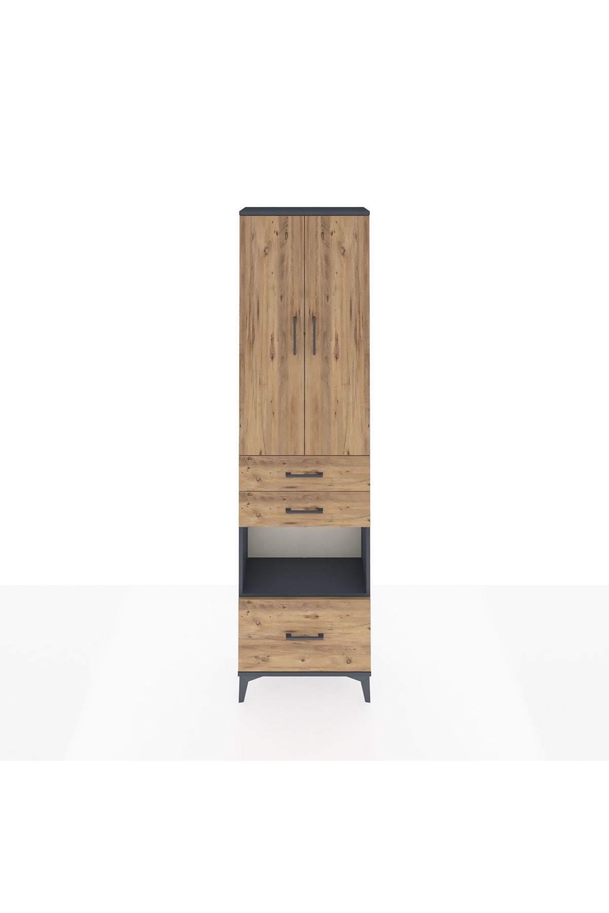 Arges Dolap 4 Raflı 3 Çekmeceli 2 Kapaklı 60x30x221 Antrasit-Çam