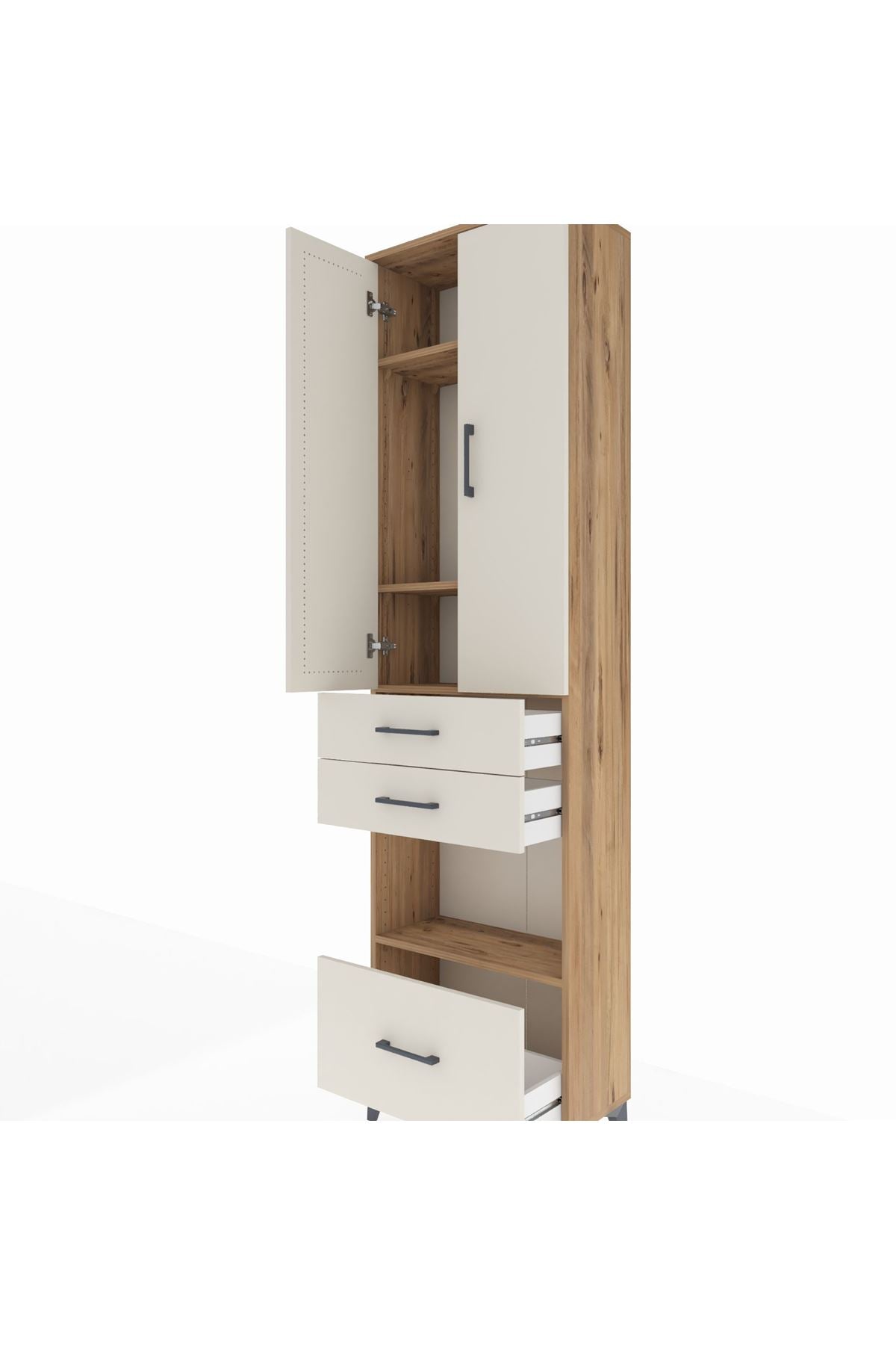 Arges Dolap 4 Raflı 3 Çekmeceli 2 Kapaklı 60x30x221 Çam-Aytaşı