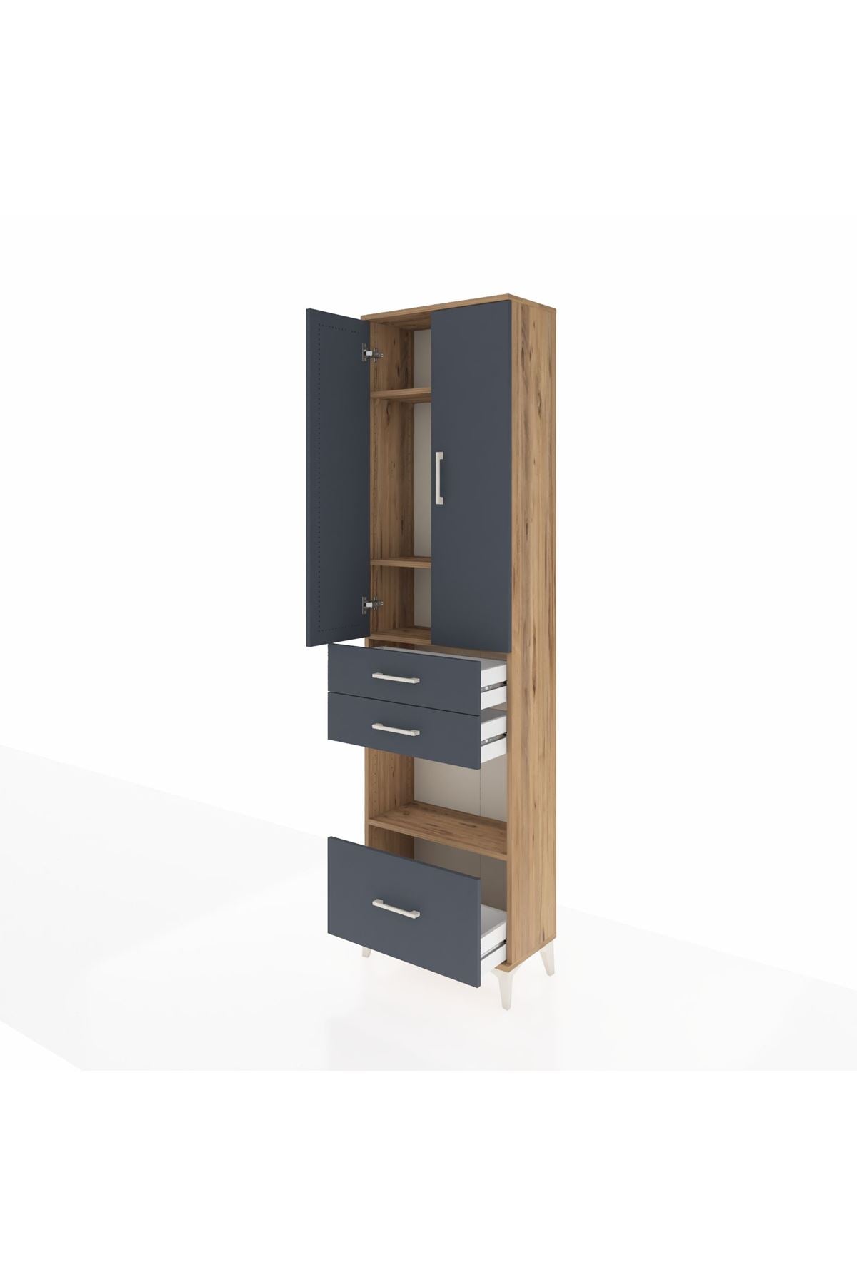 Arges Dolap 4 Raflı 3 Çekmeceli 2 Kapaklı 60x30x221 Çam-Antrasit