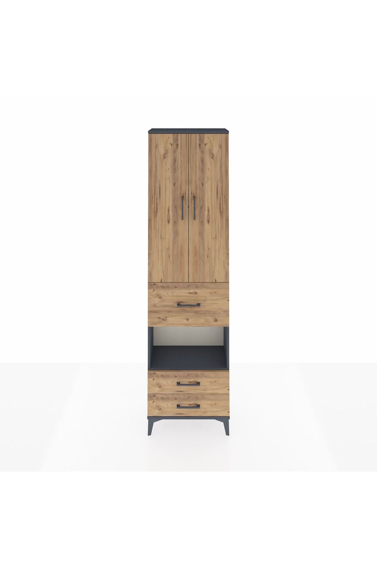 Arges Dolap 4 Raflı 3 Çekmeceli 2 Kapaklı 60x30x221 Antrasit-Çam