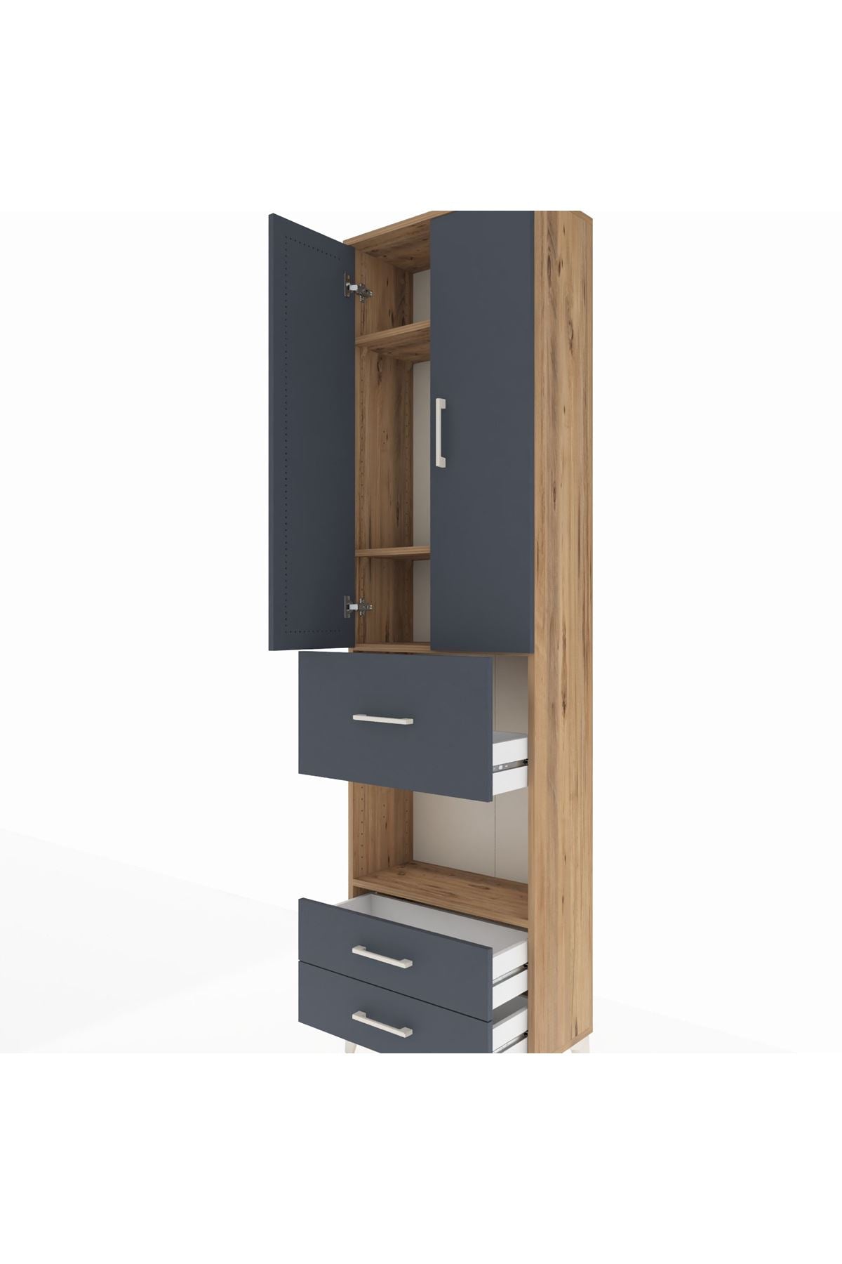 Arges Dolap 4 Raflı 3 Çekmeceli 2 Kapaklı 60x30x221 Çam-Antrasit