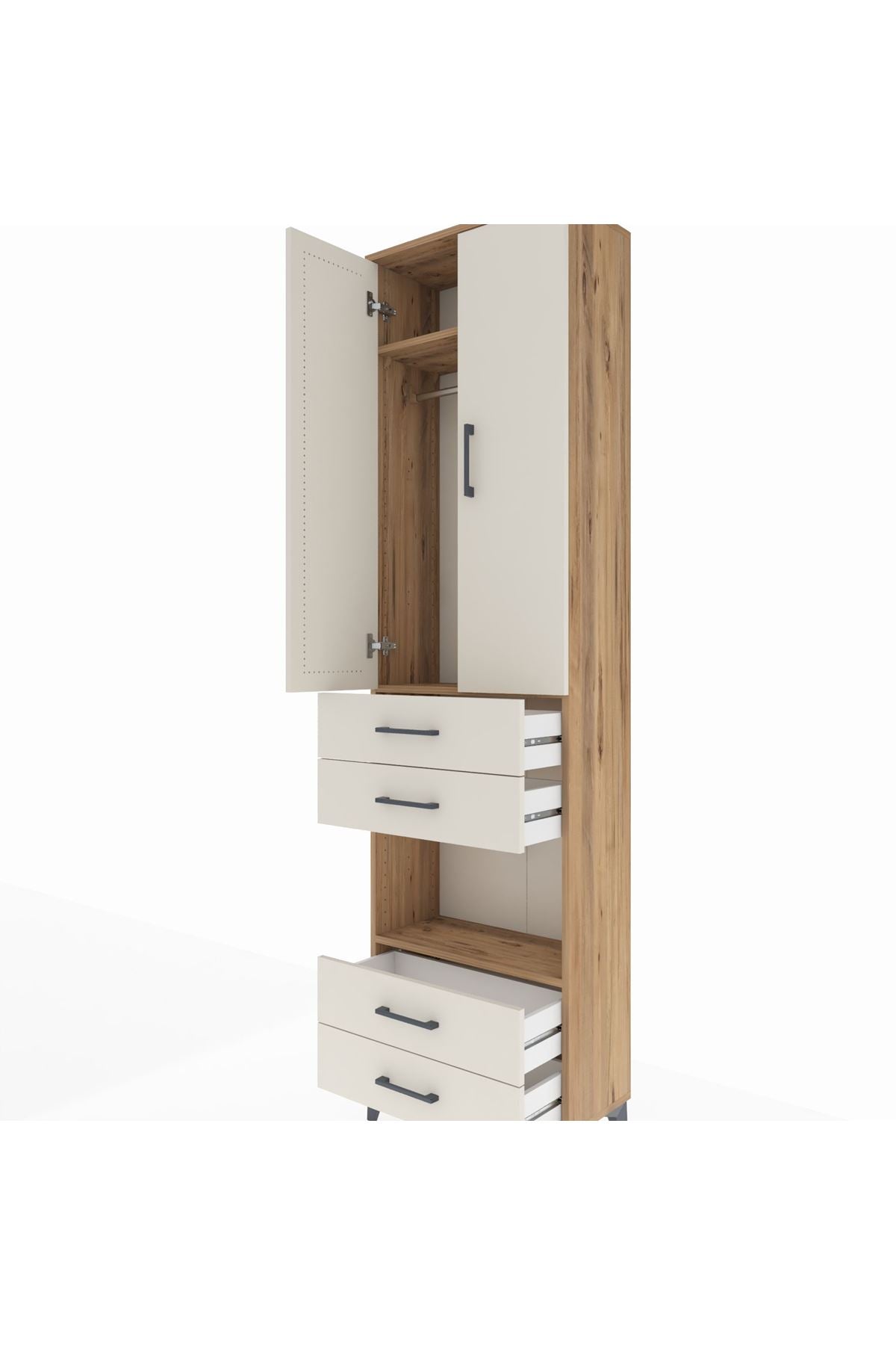 Arges Dolap 3 Raflı 4 Çekmeceli Tek Askılı 60x30x221 Çam-Aytaşı
