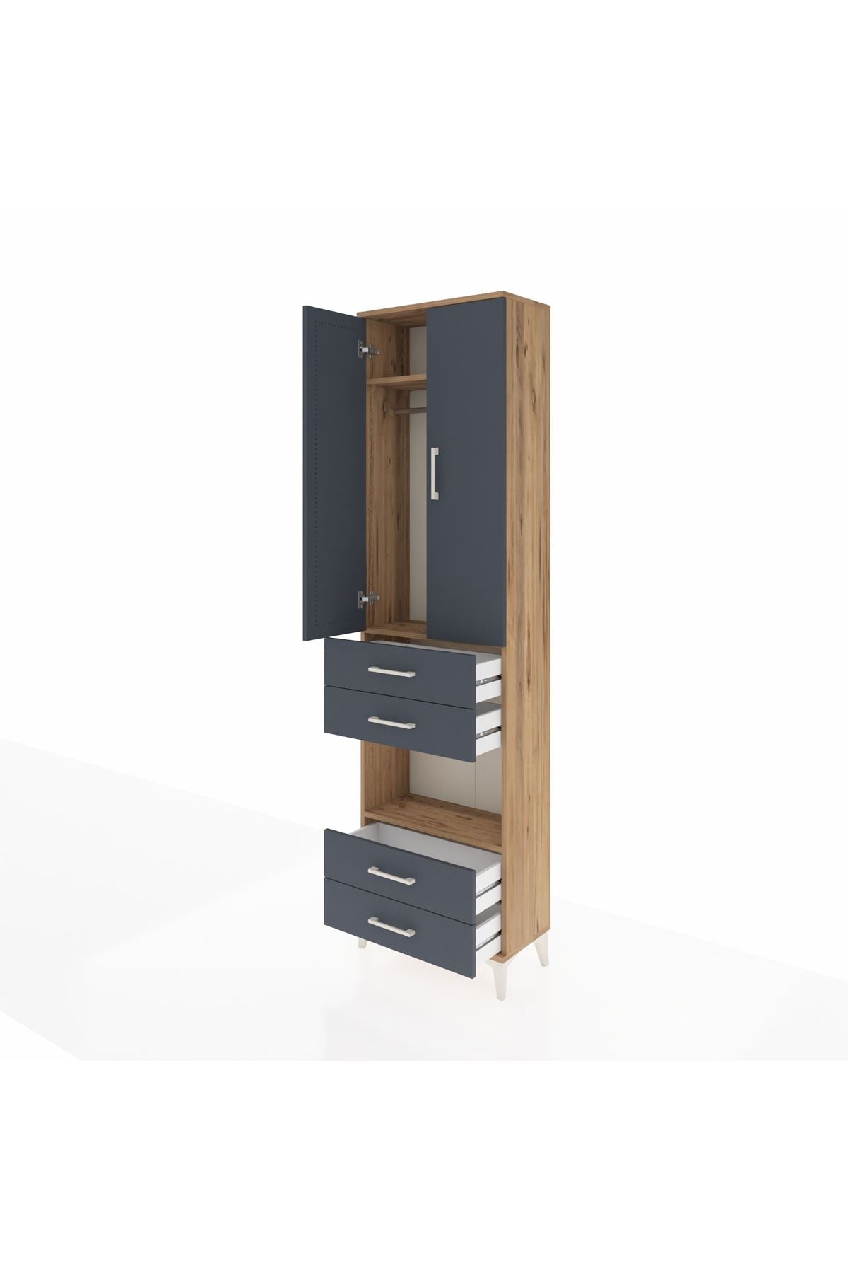 Arges Dolap 3 Raflı 4 Çekmeceli Tek Askılı 60x30x221 Çam-Antrasit