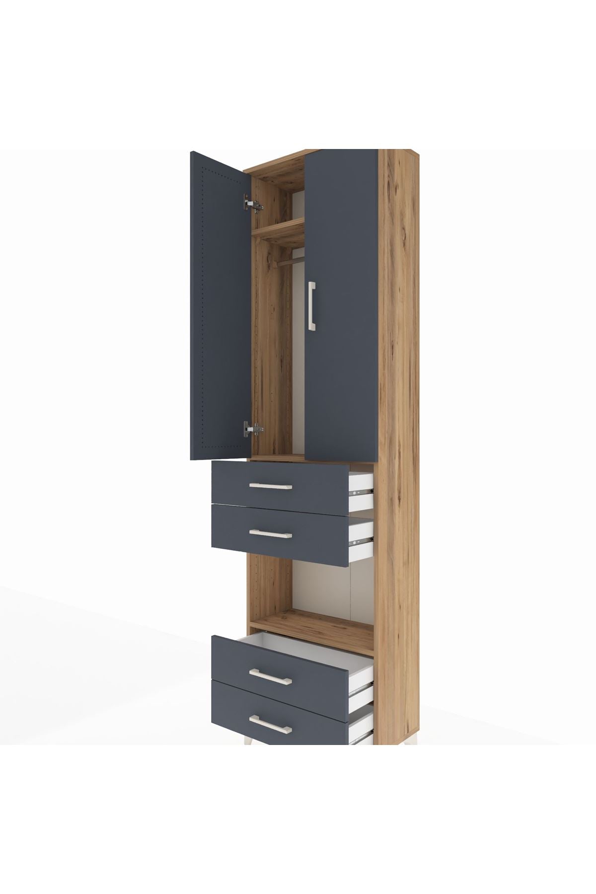 Arges Dolap 3 Raflı 4 Çekmeceli Tek Askılı 60x30x221 Çam-Antrasit