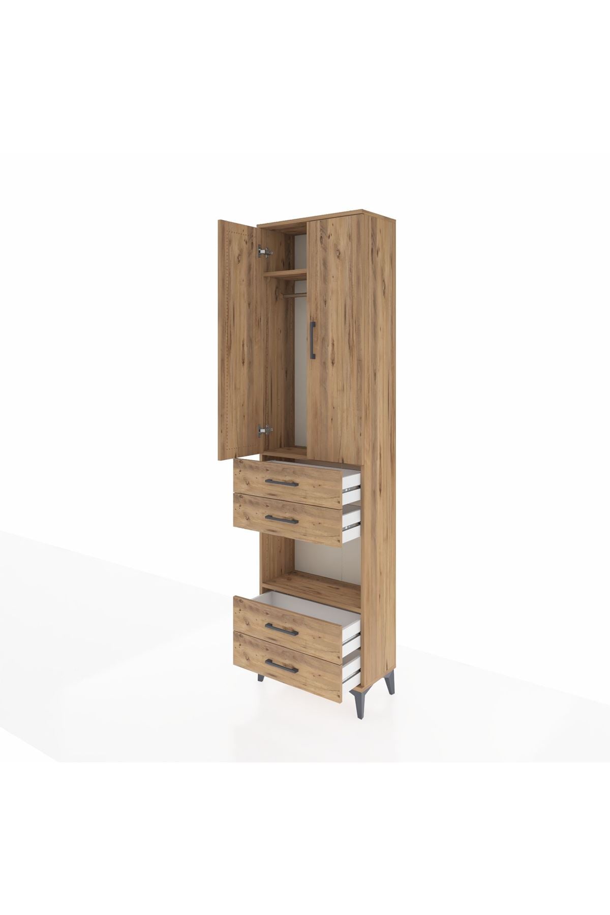 Arges Dolap 3 Raflı 4 Çekmeceli Tek Askılı 60x30x221 Çam-Çam