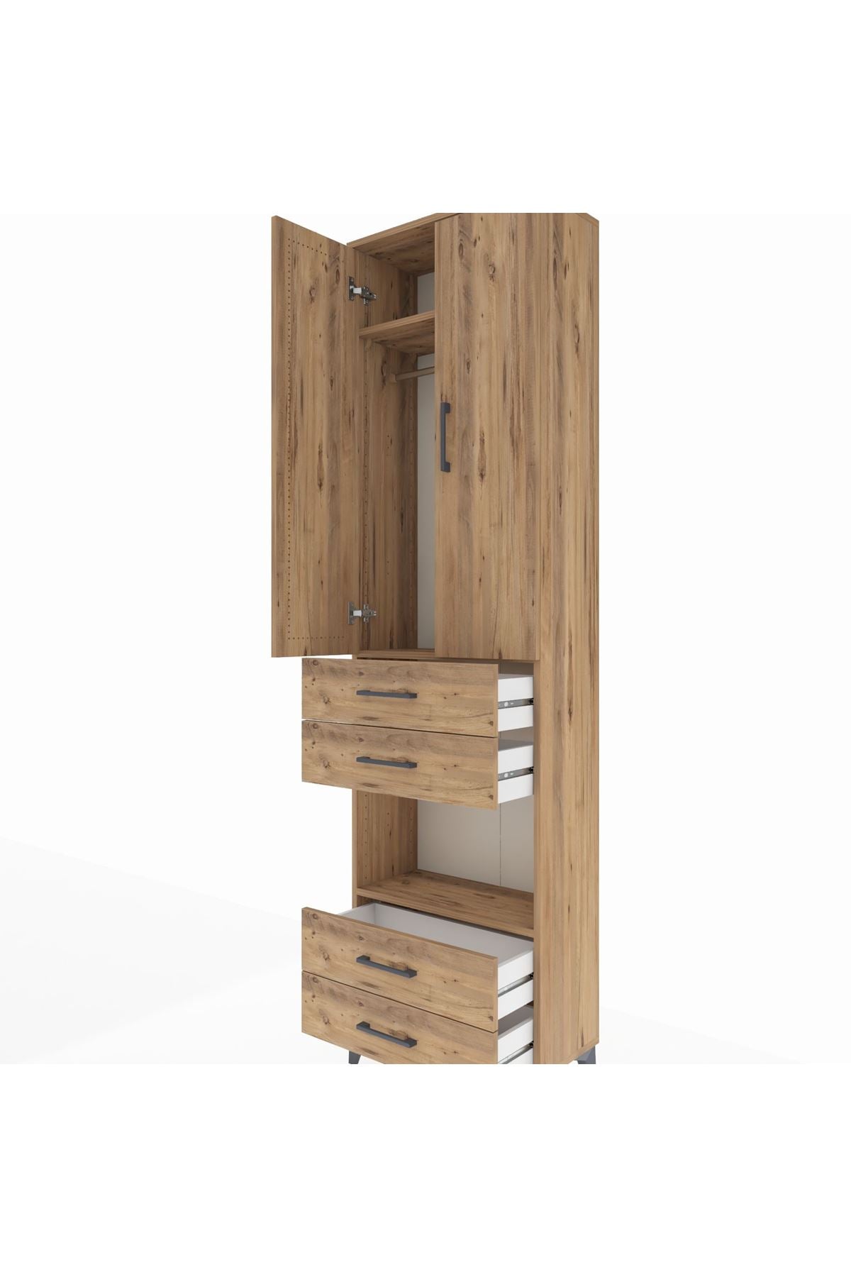 Arges Dolap 3 Raflı 4 Çekmeceli Tek Askılı 60x30x221 Çam-Çam