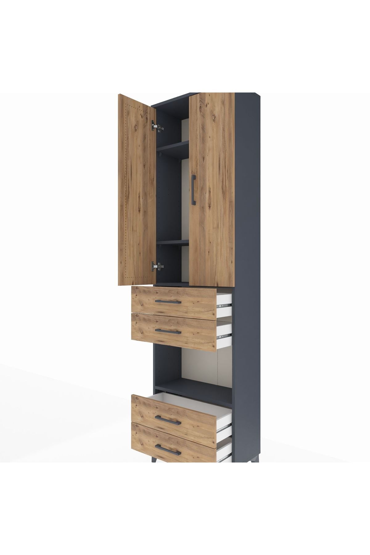 Arges Dolap 4 Raflı 4 Çekmeceli 2 Kapaklı 60x30x221 Antrasit-Çam