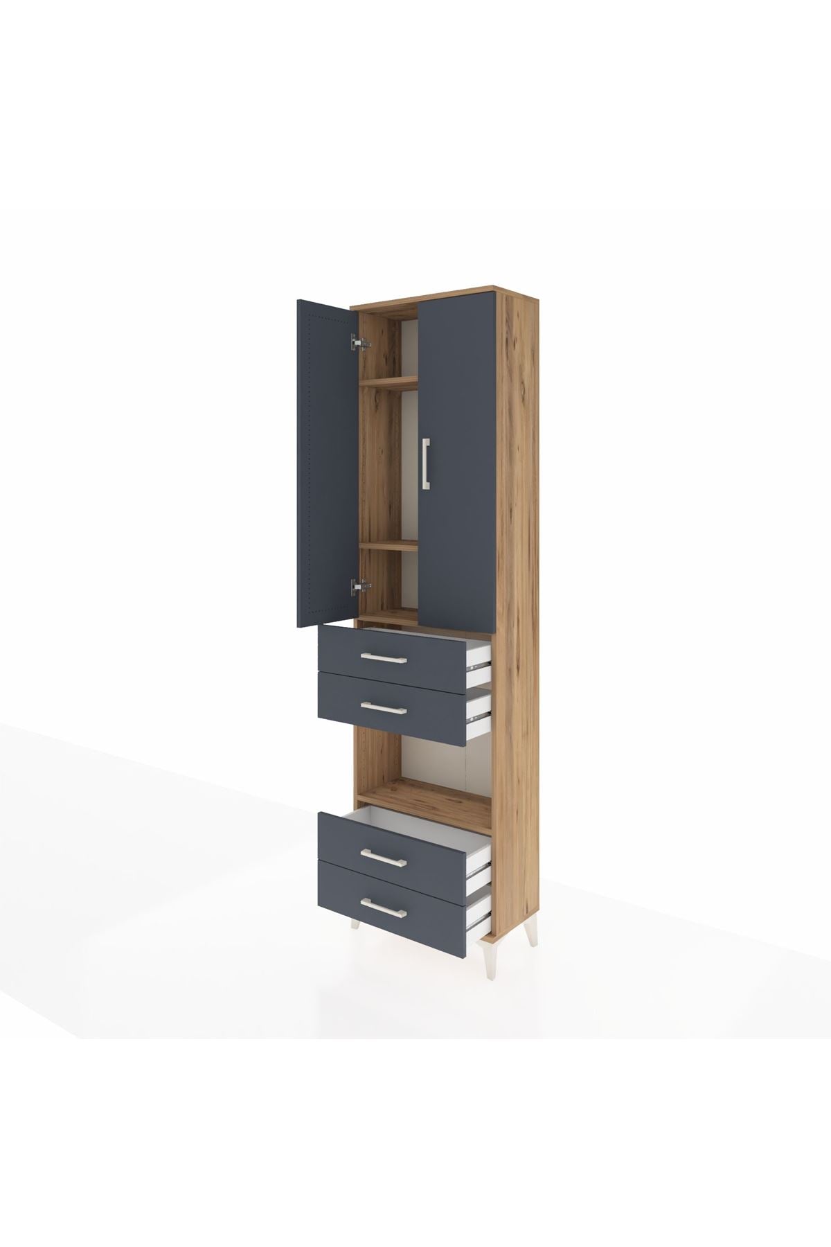 Arges Dolap 4 Raflı 4 Çekmeceli 2 Kapaklı 60x30x221 Çam-Antrasit