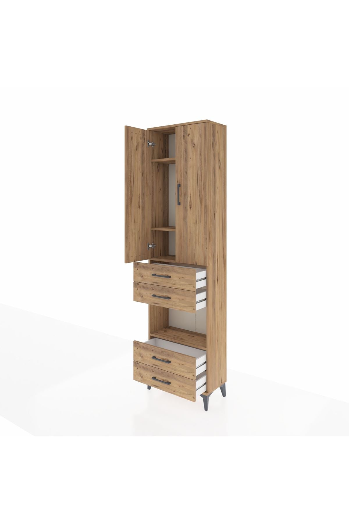 Arges Dolap 4 Raflı 4 Çekmeceli 2 Kapaklı 60x30x221 Çam-Çam