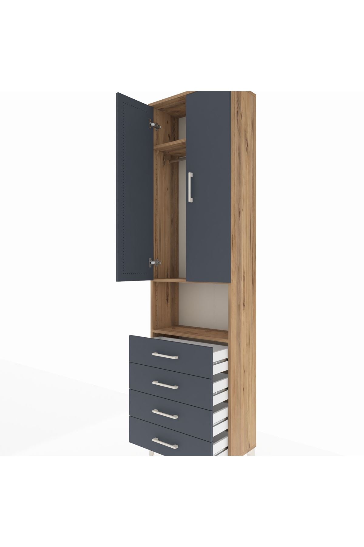 Arges Dolap 3 Raflı 4 Çekmeceli Tek Askılı 60x30x221 Çam-Antrasit