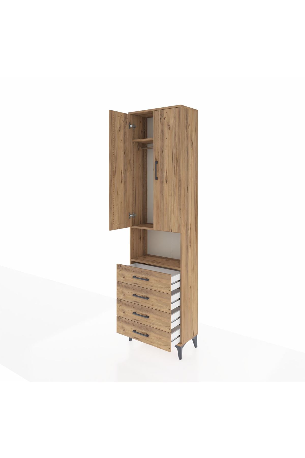 Arges Dolap 3 Raflı 4 Çekmeceli Tek Askılı 60x30x221 Çam-Çam