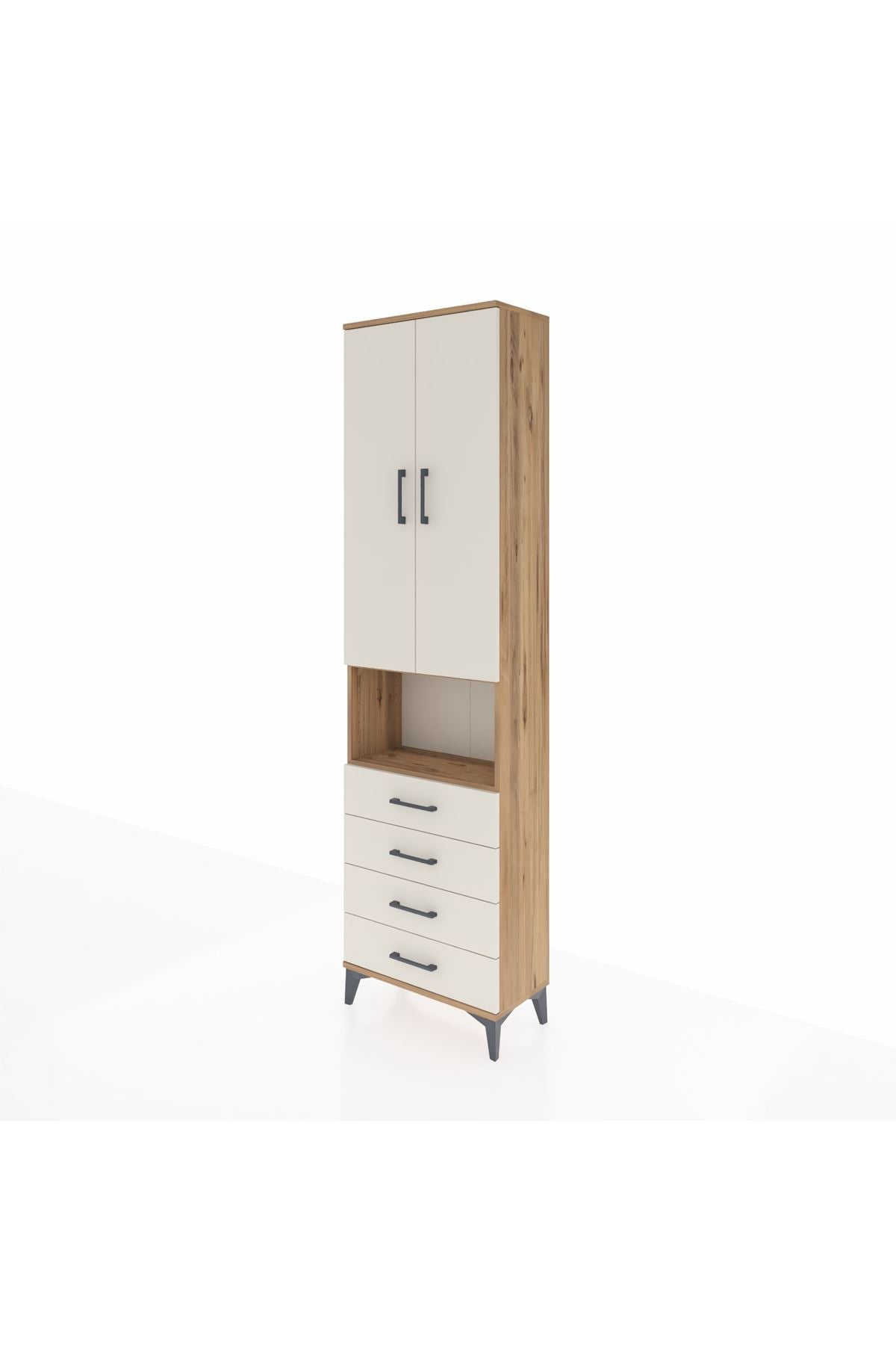 Arges Dolap 4 Raflı 4 Çekmeceli 2 Kapaklı 60x30x221 Çam-Aytaşı