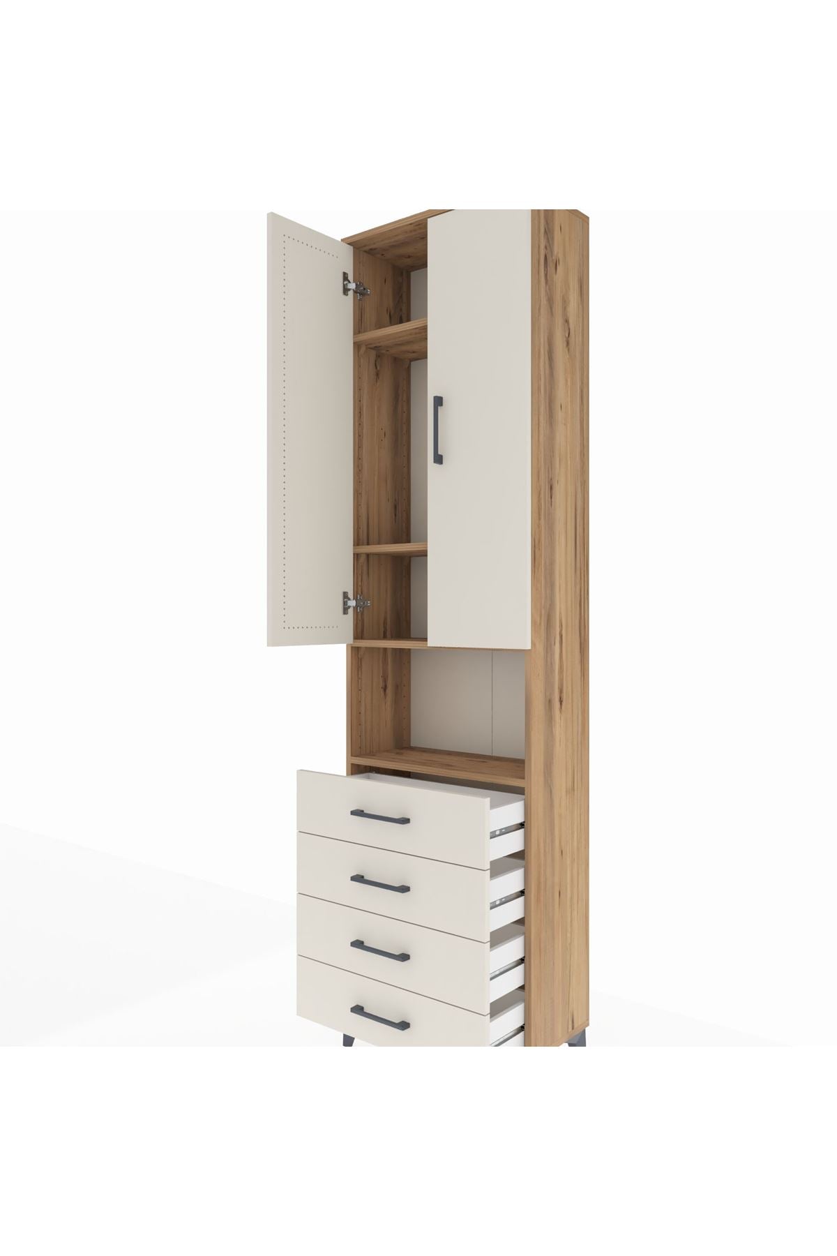 Arges Dolap 4 Raflı 4 Çekmeceli 2 Kapaklı 60x30x221 Çam-Aytaşı