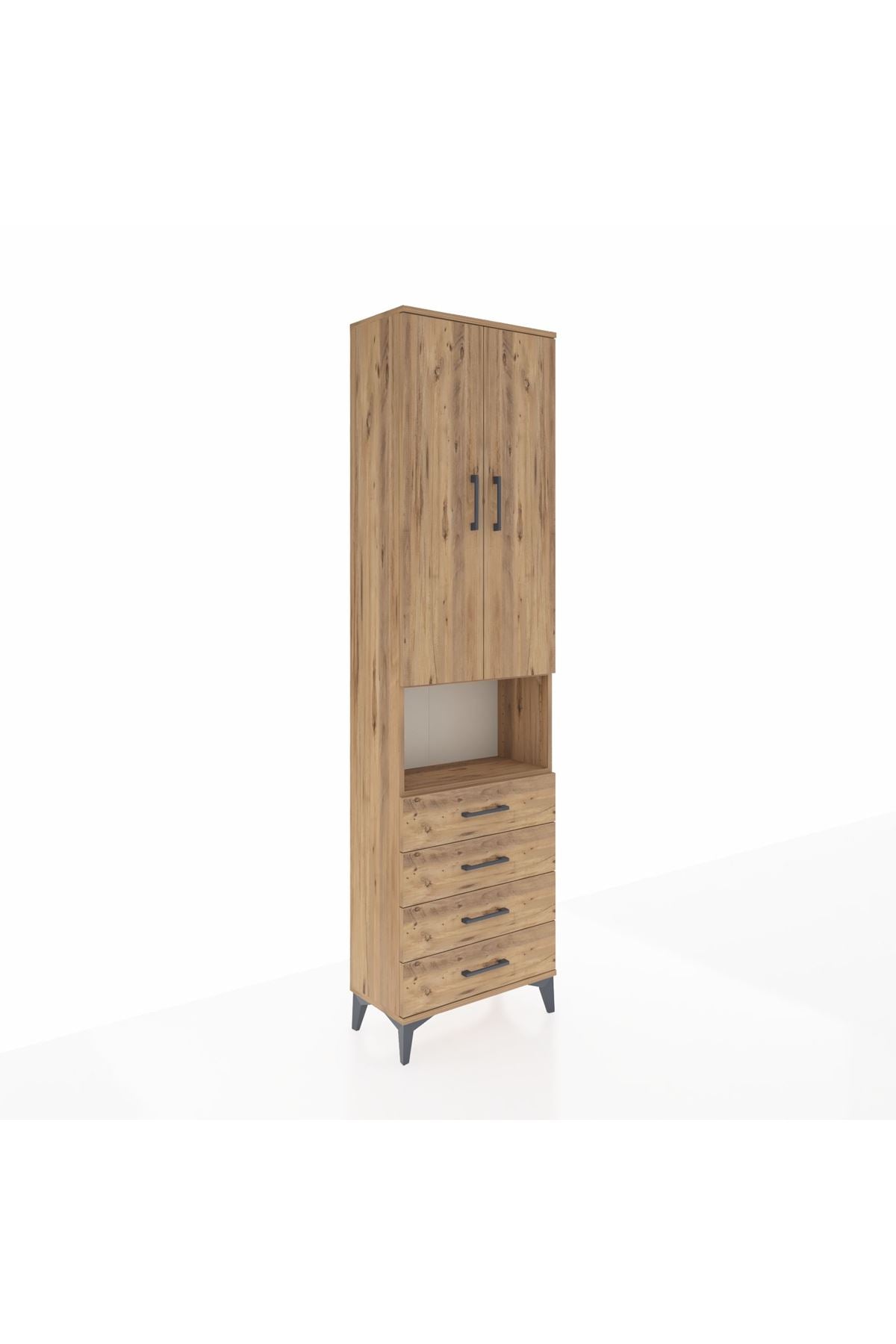 Arges Dolap 4 Raflı 4 Çekmeceli 2 Kapaklı 60x30x221 Çam-Çam