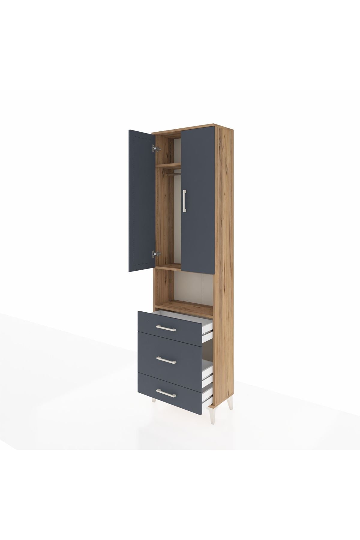 Arges Dolap 3 Raflı 3 Çekmeceli Tek Askılı 60x30x221 Çam-Antrasit