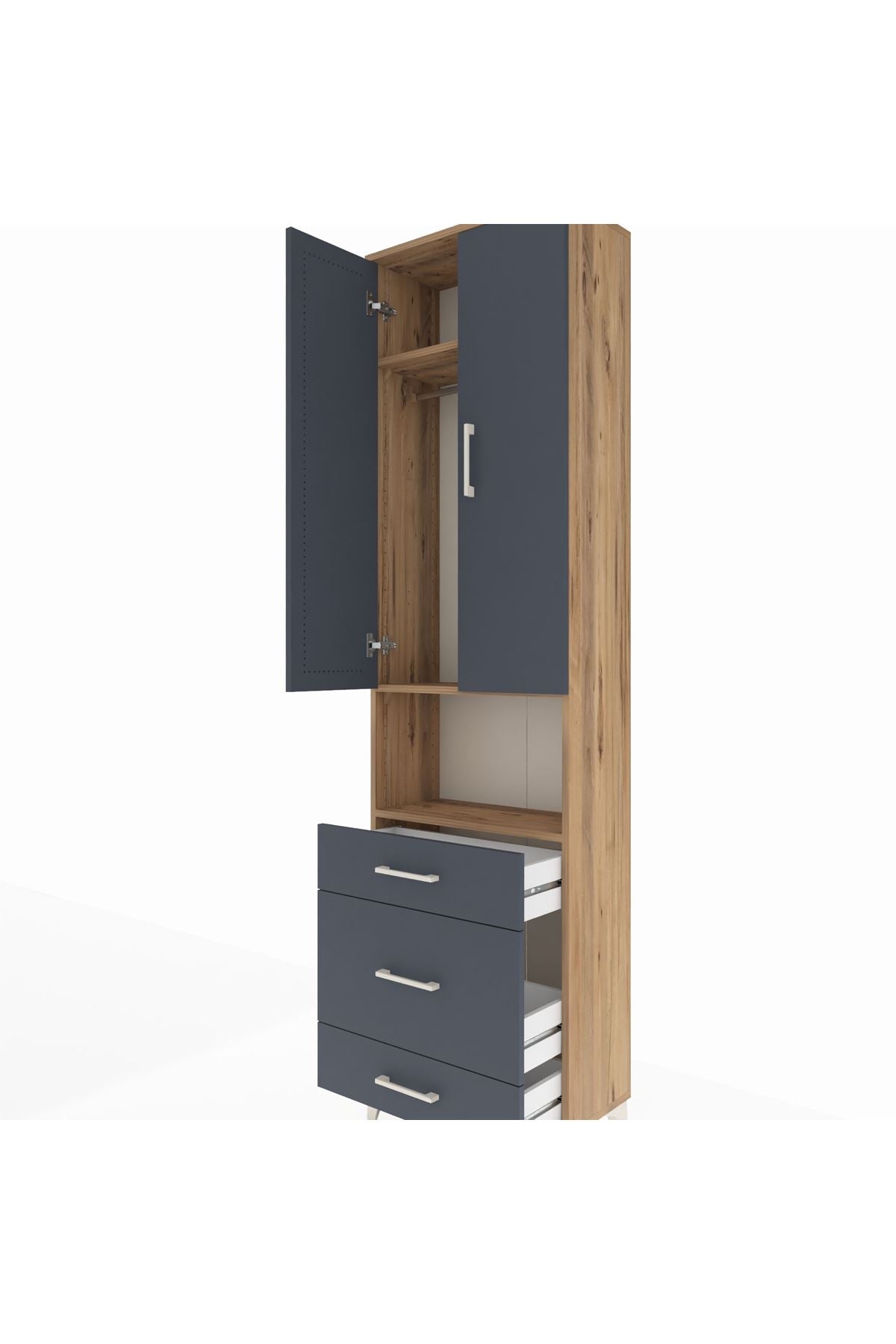 Arges Dolap 3 Raflı 3 Çekmeceli Tek Askılı 60x30x221 Çam-Antrasit