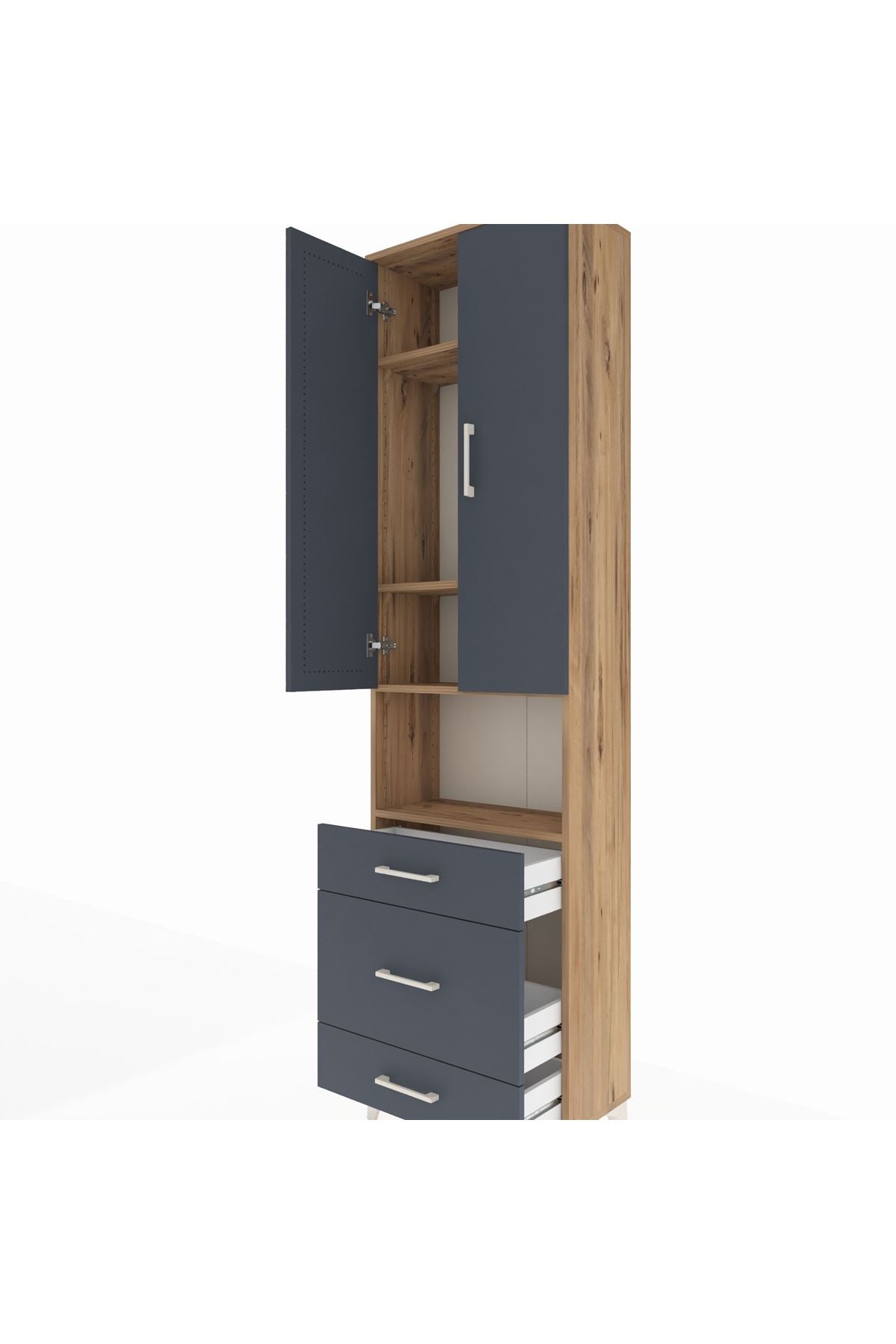 Arges Dolap 4 Raflı 3 Çekmeceli Tek Askılı 60x30x221 Çam-Antrasit