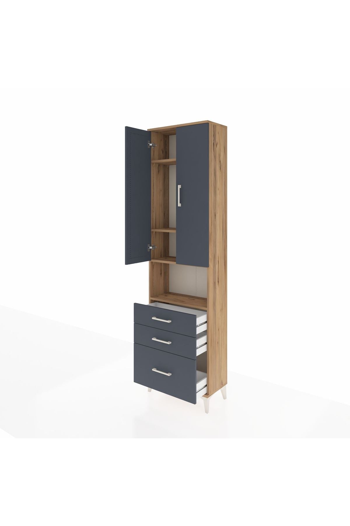 Arges Dolap 4 Raflı 3 Çekmeceli 2 Kapaklı 60x30x221 Çam-Antrasit