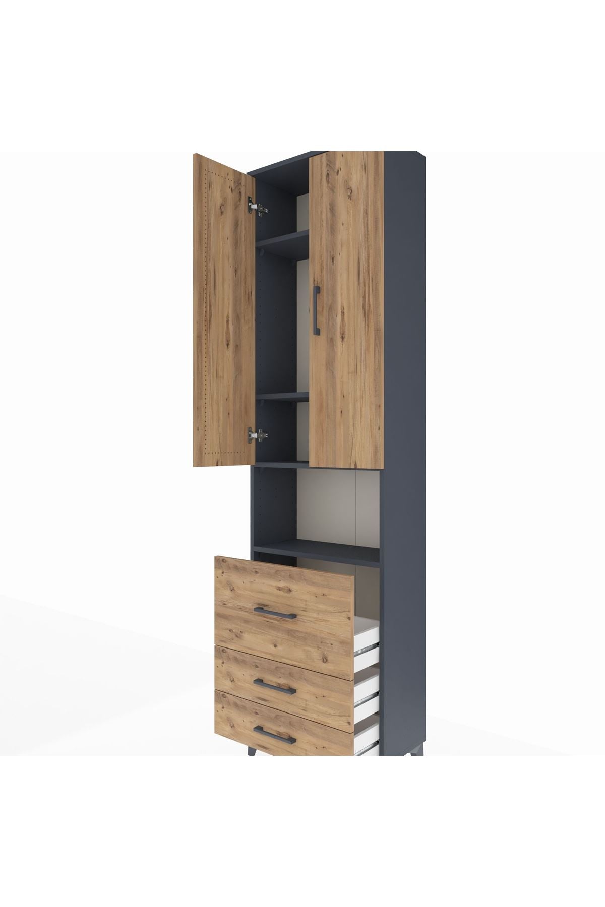 Arges Dolap 4 Raflı 3 Çekmeceli 2 Kapaklı 60x30x221 Antrasit-Çam