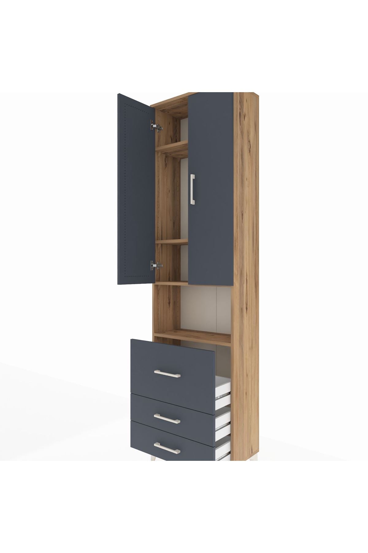 Arges Dolap 4 Raflı 3 Çekmeceli 2 Kapaklı 60x30x221 Çam-Antrasit