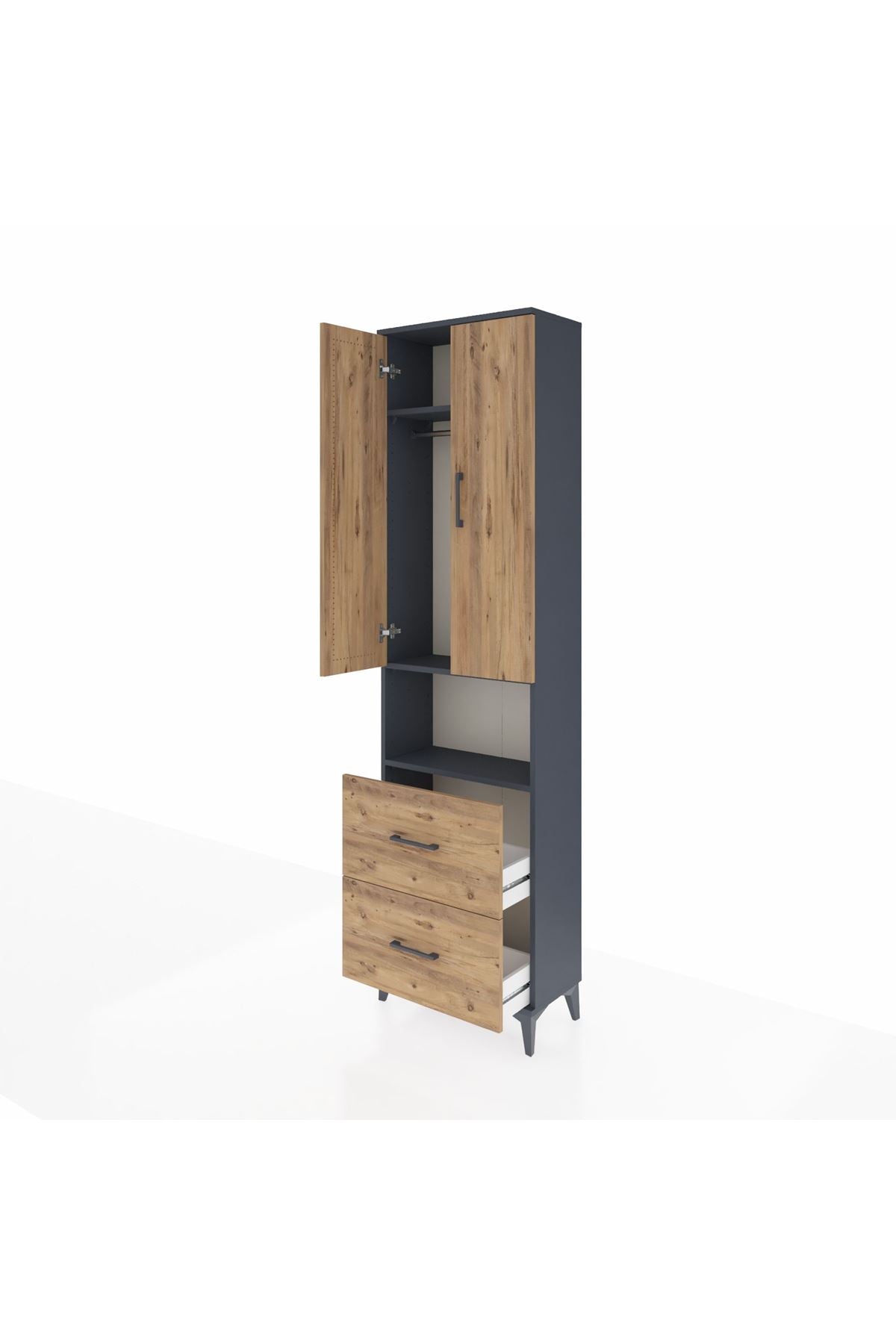 Arges Dolap 3 Raflı 2 Çekmeceli Tek Askılı 60x30x221 Antrasit-Çam