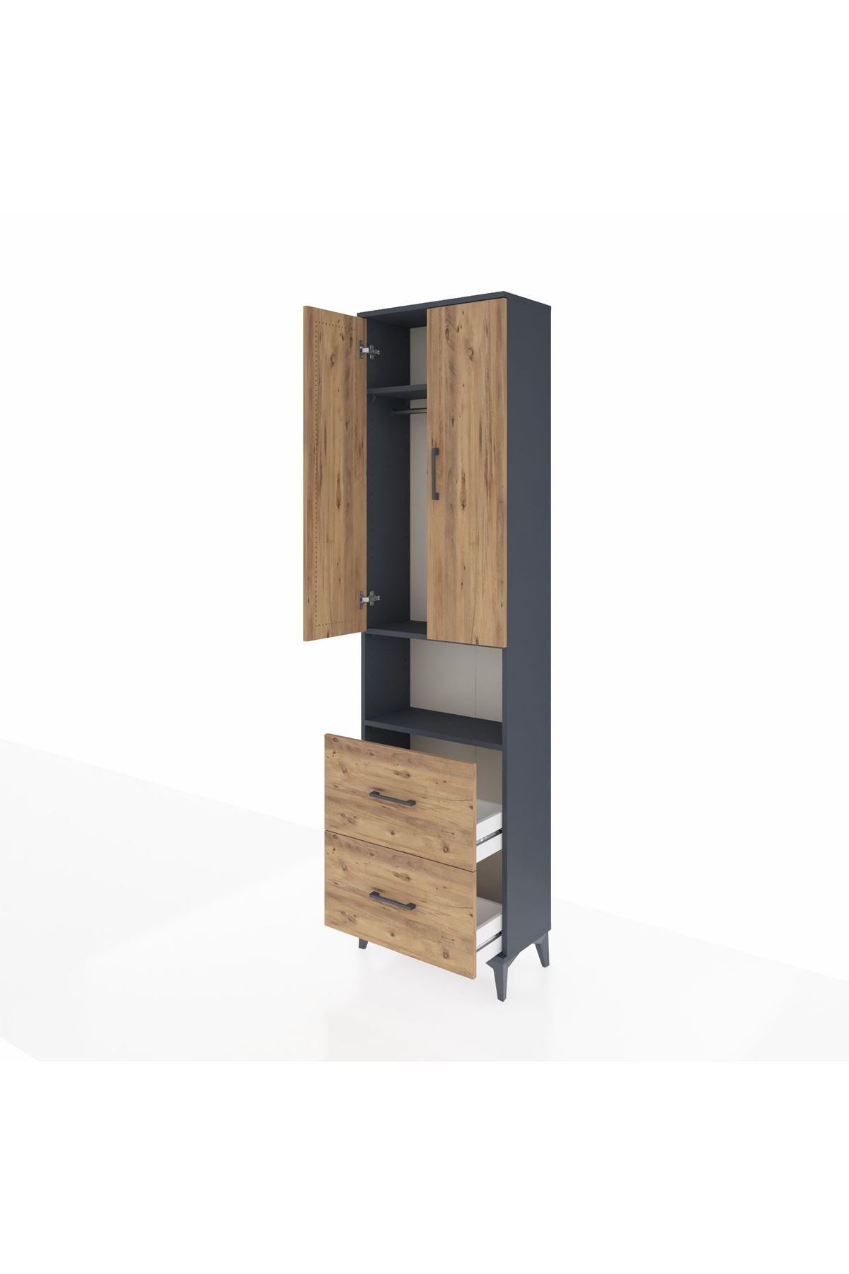 Arges Dolap 3 Raflı 2 Çekmeceli Tek Askılı 60x30x221 Antrasit-Çam