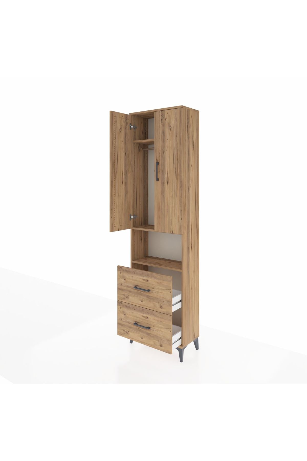 Arges Dolap 3 Raflı 2 Çekmeceli Tek Askılı 60x30x221 Çam-Çam