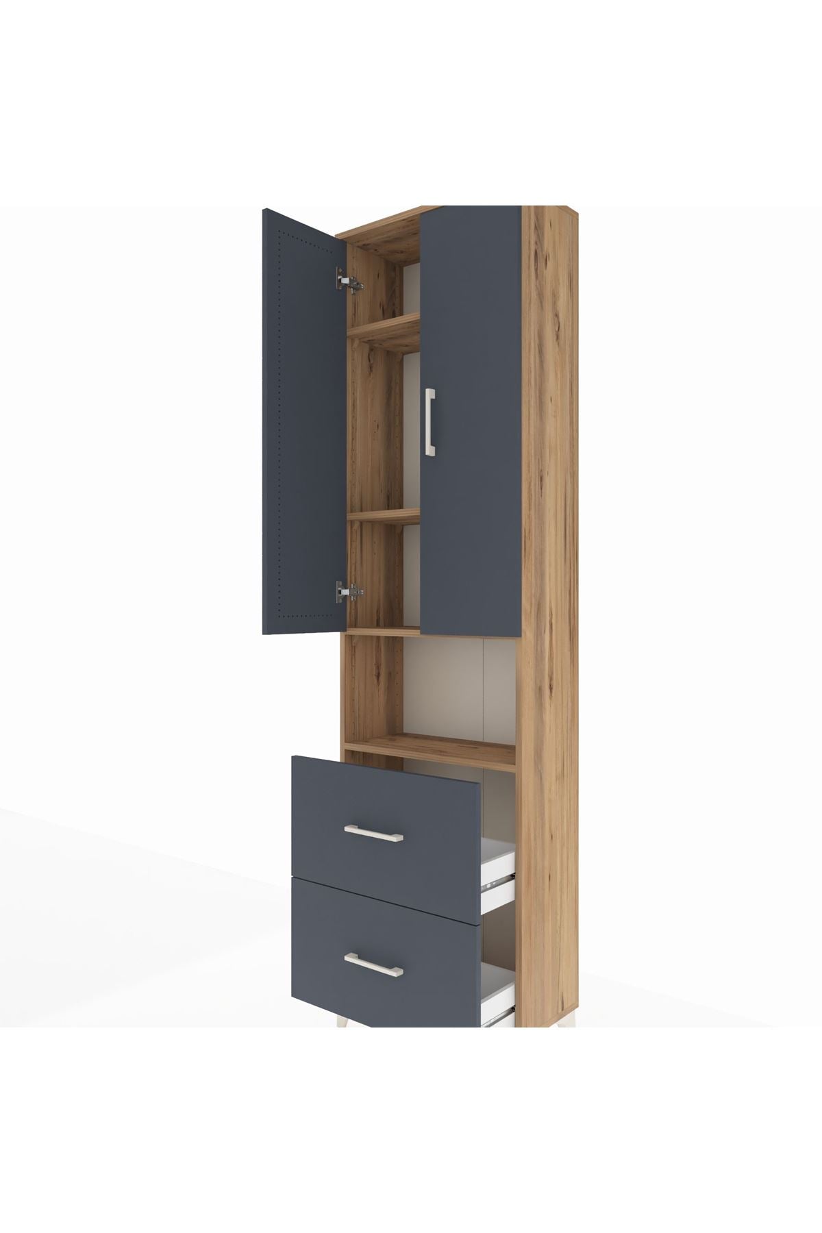 Arges Dolap 4 Raflı 2 Çekmeceli 2 Kapaklı 60x30x221 Çam-Antrasit