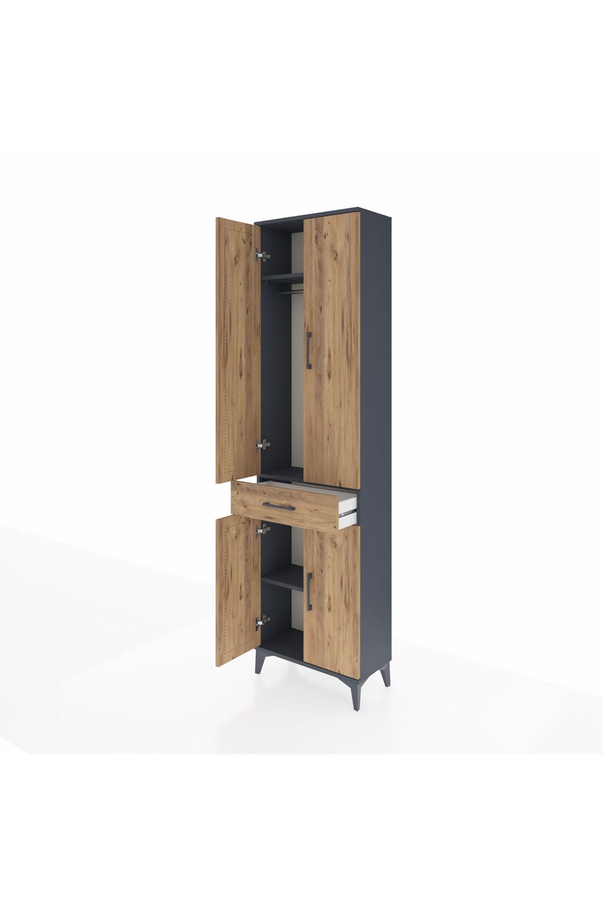 Arges Dolap 3 Raflı Tek Çekmeceli Tek Askılı 60x30x221 Antrasit-Çam