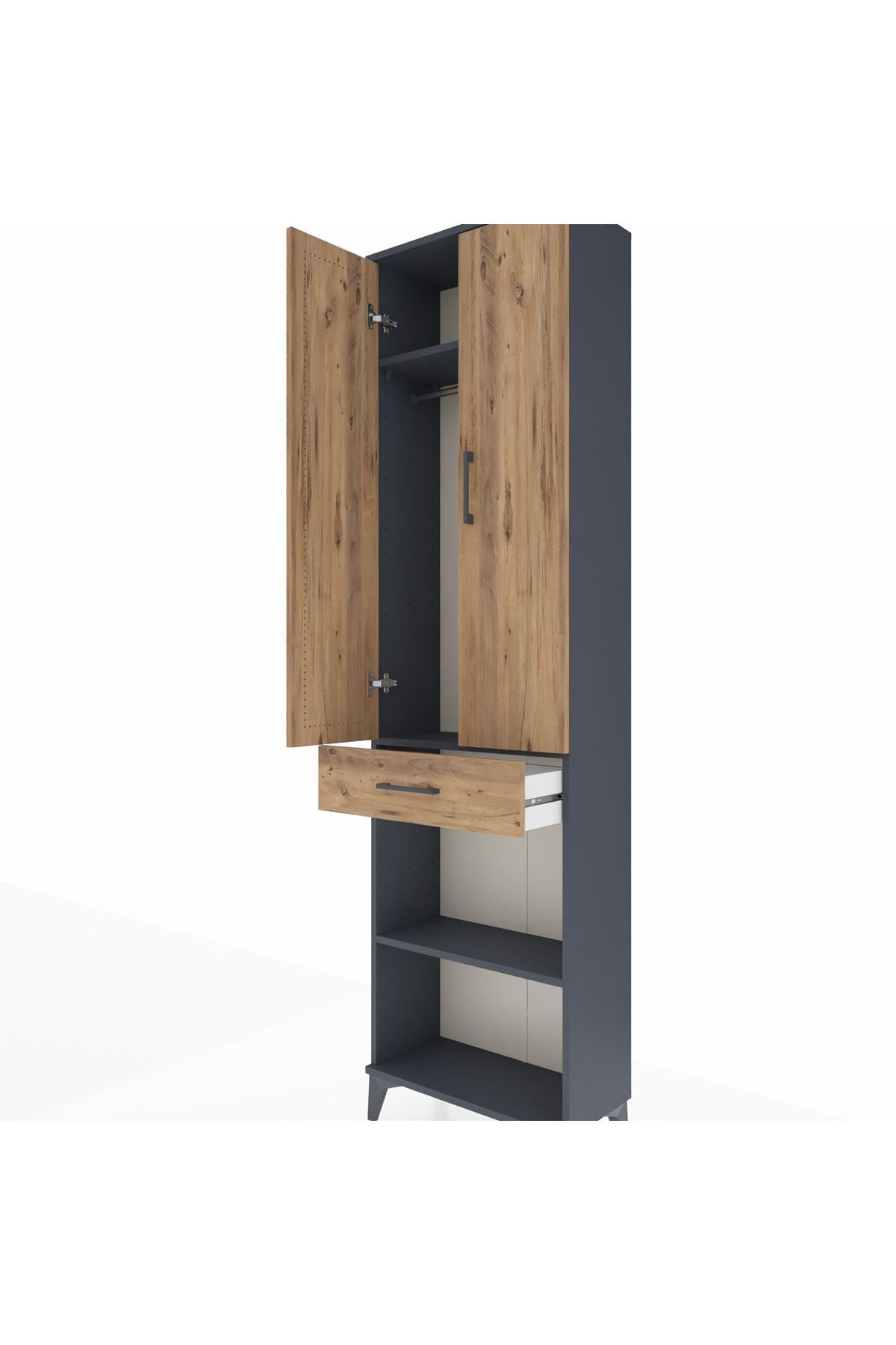 Arges Dolap 3 Raflı Tek Çekmeceli Tek Askılı 60x30x221 Antrasit-Çam