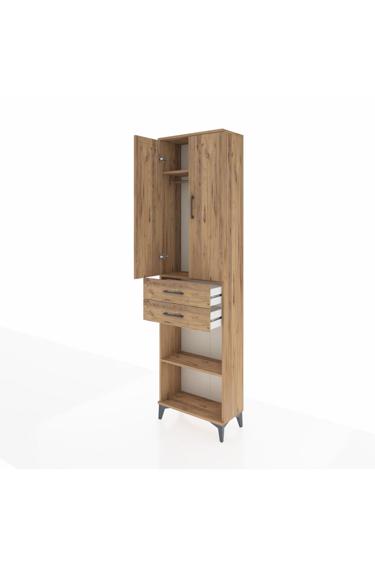 Arges Dolap 3 Raflı 2 Çekmeceli Tek Askılı 60x30x221 Çam-Çam