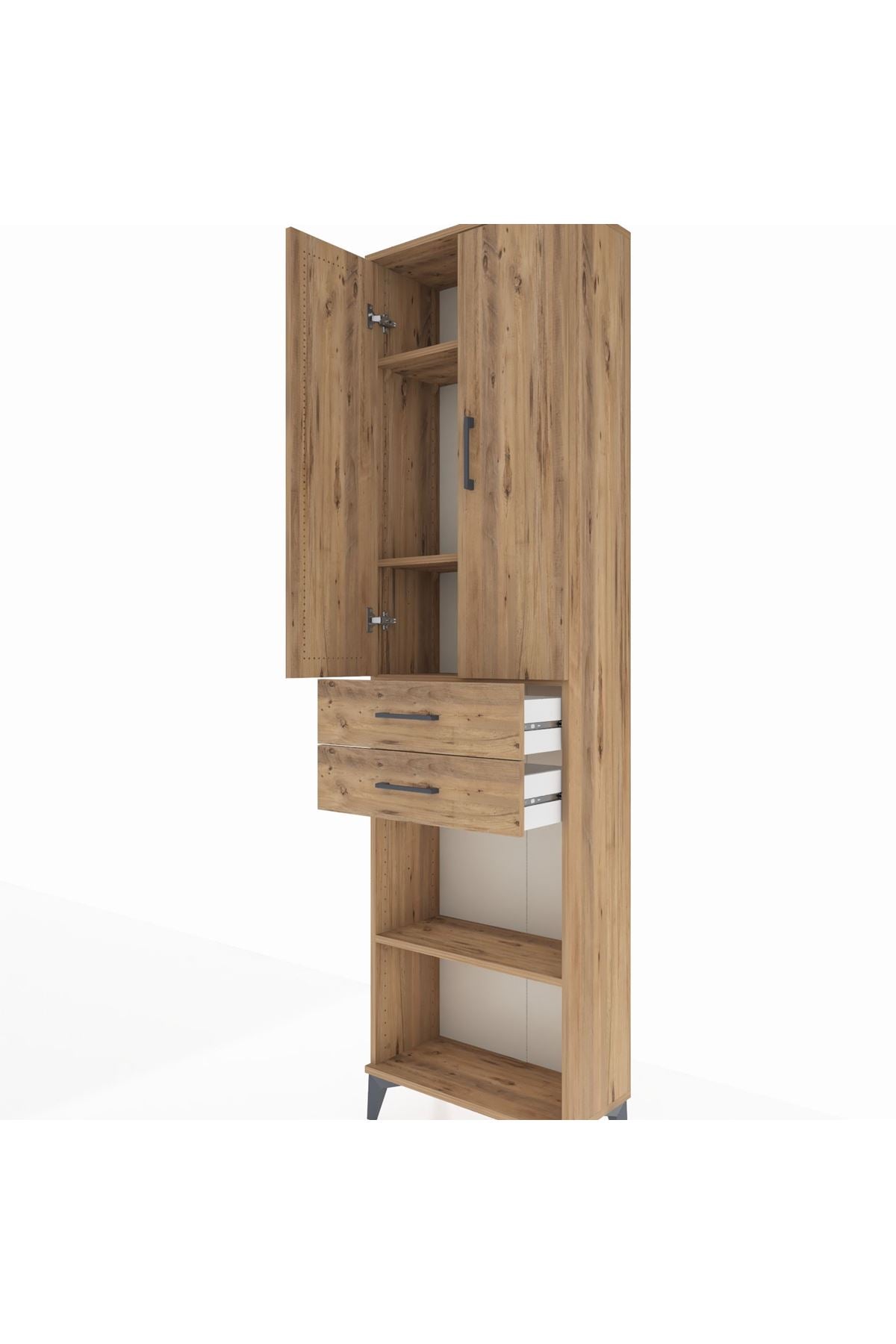 Arges Dolap 4 Raflı 2 Çekmeceli 2 Kapaklı 60x30x221 Çam-Çam