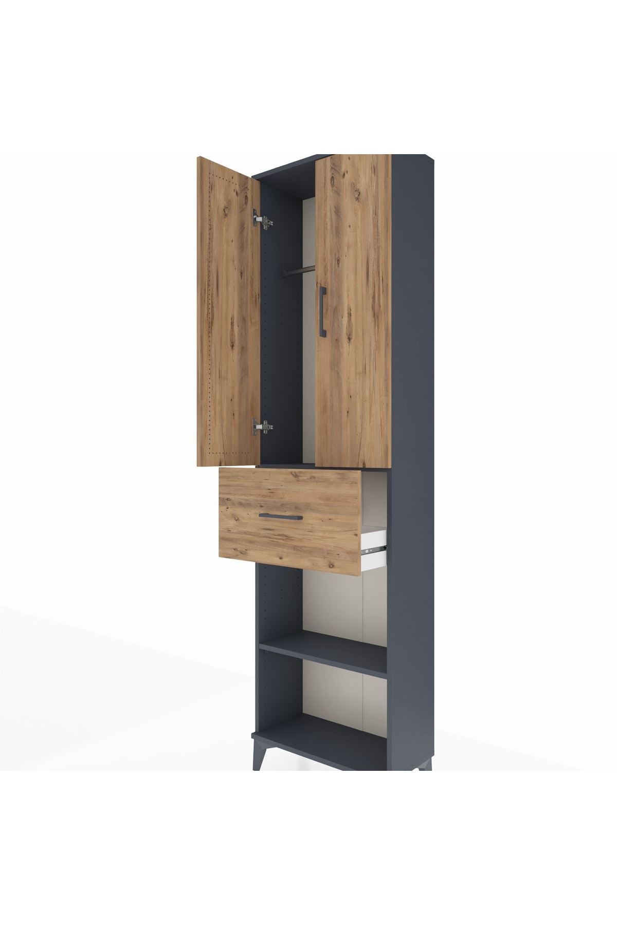 Arges Dolap 2 Raflı Tek Çekmeceli Tek Askılı 60x30x221 Antrasit-Çam